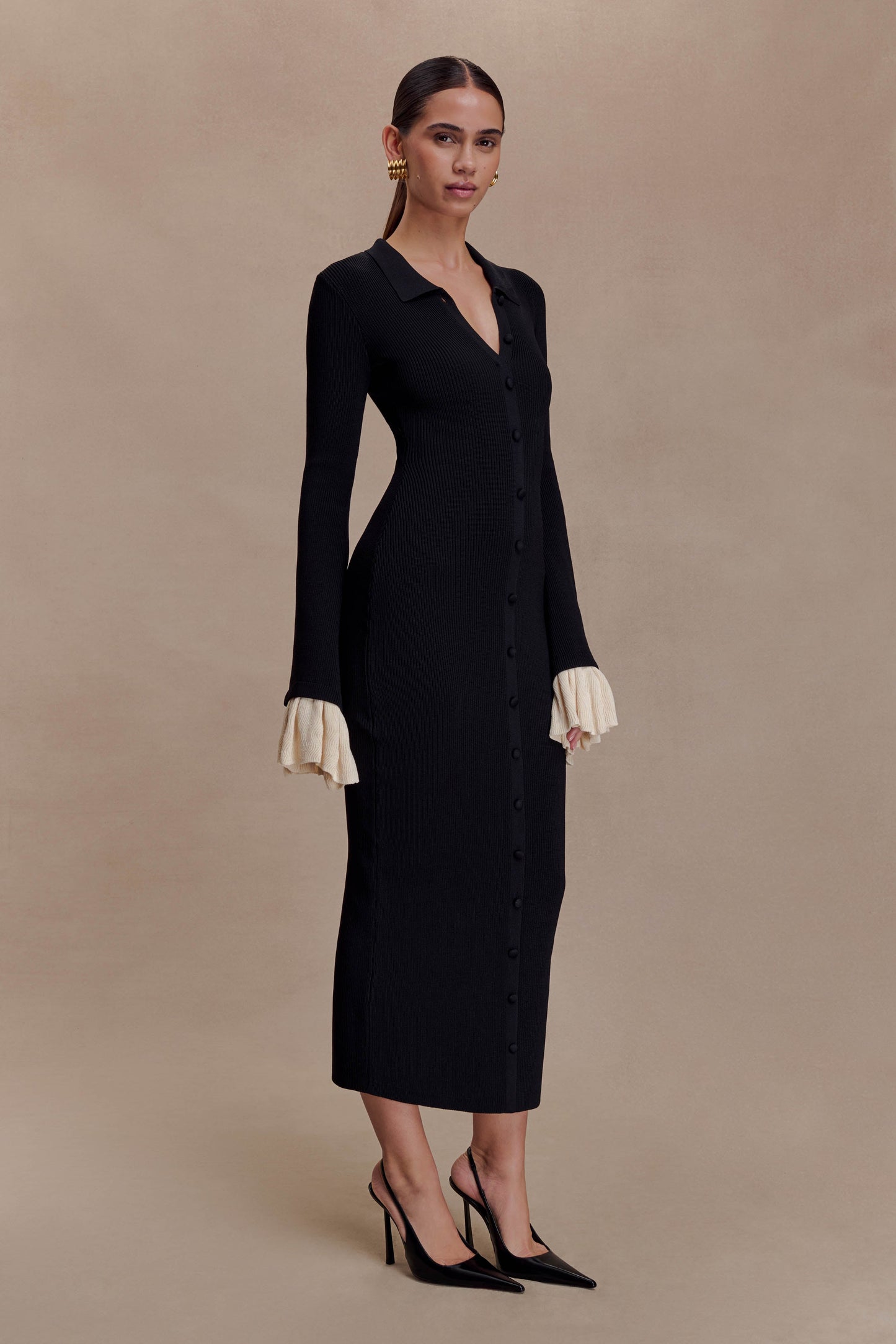 Amirose Ruffle Knit Midi Dress - Black