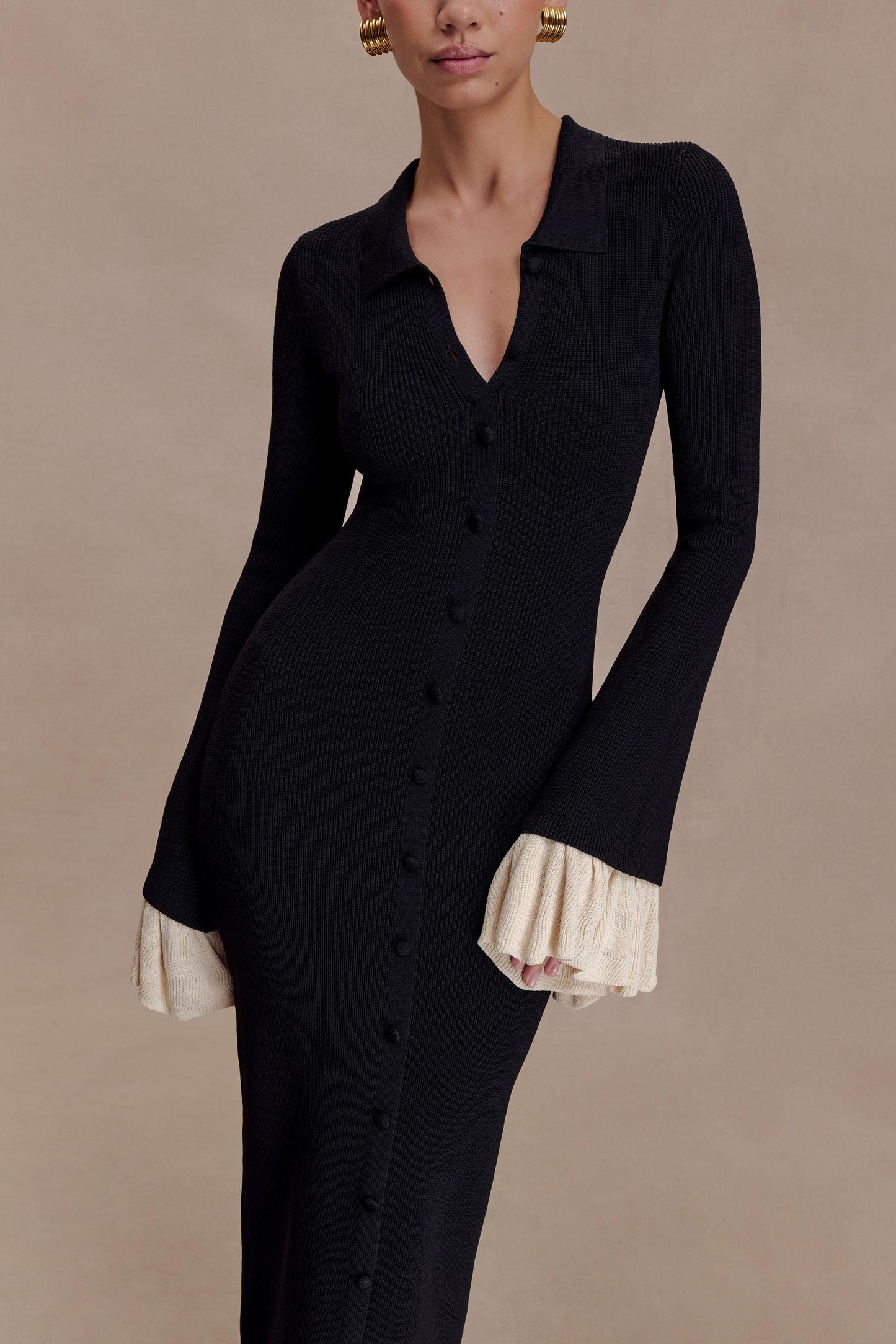 Amirose Ruffle Knit Midi Dress - Black