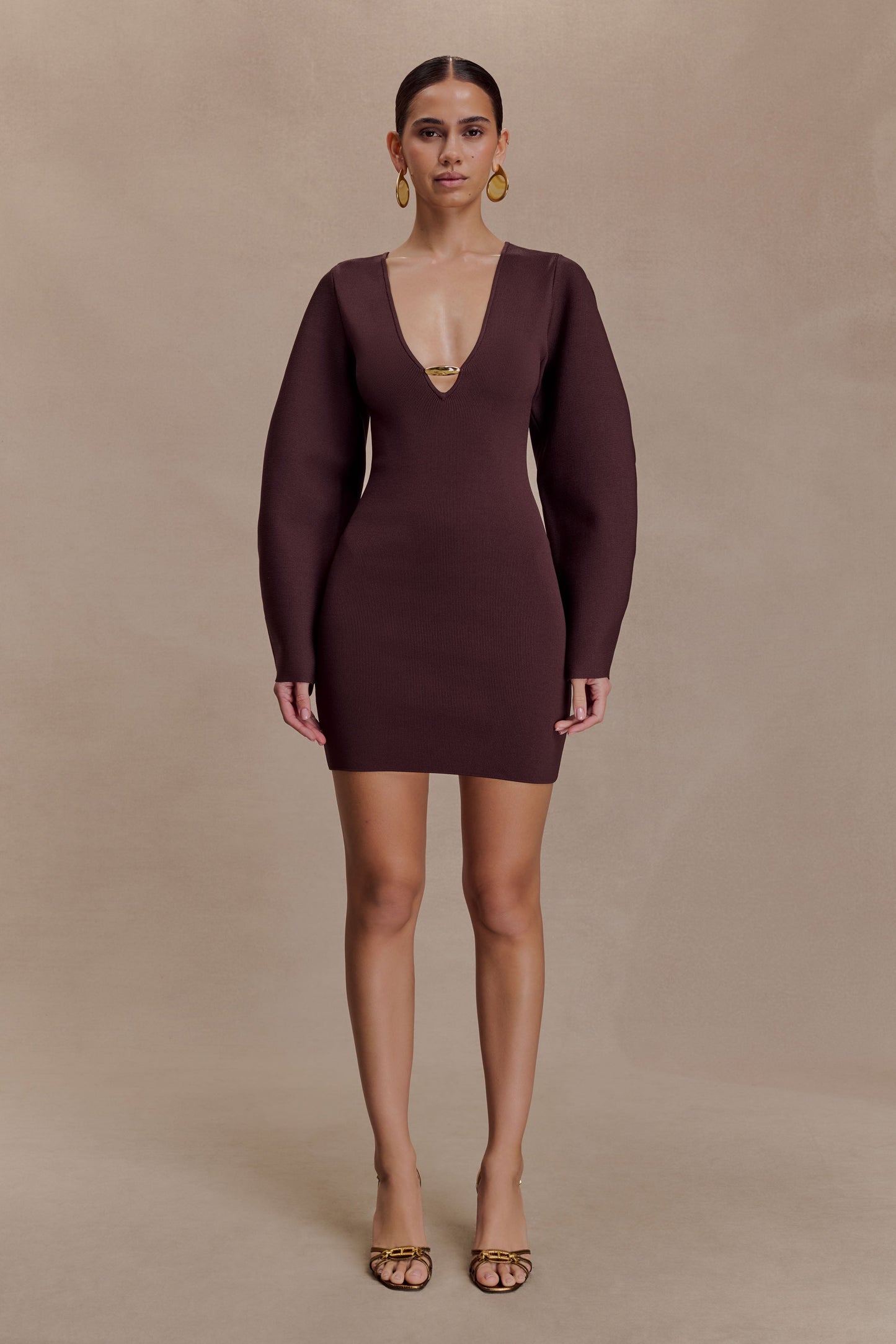 Billy Balloon Sleeve Knit Mini Dress - Dark Chocolate