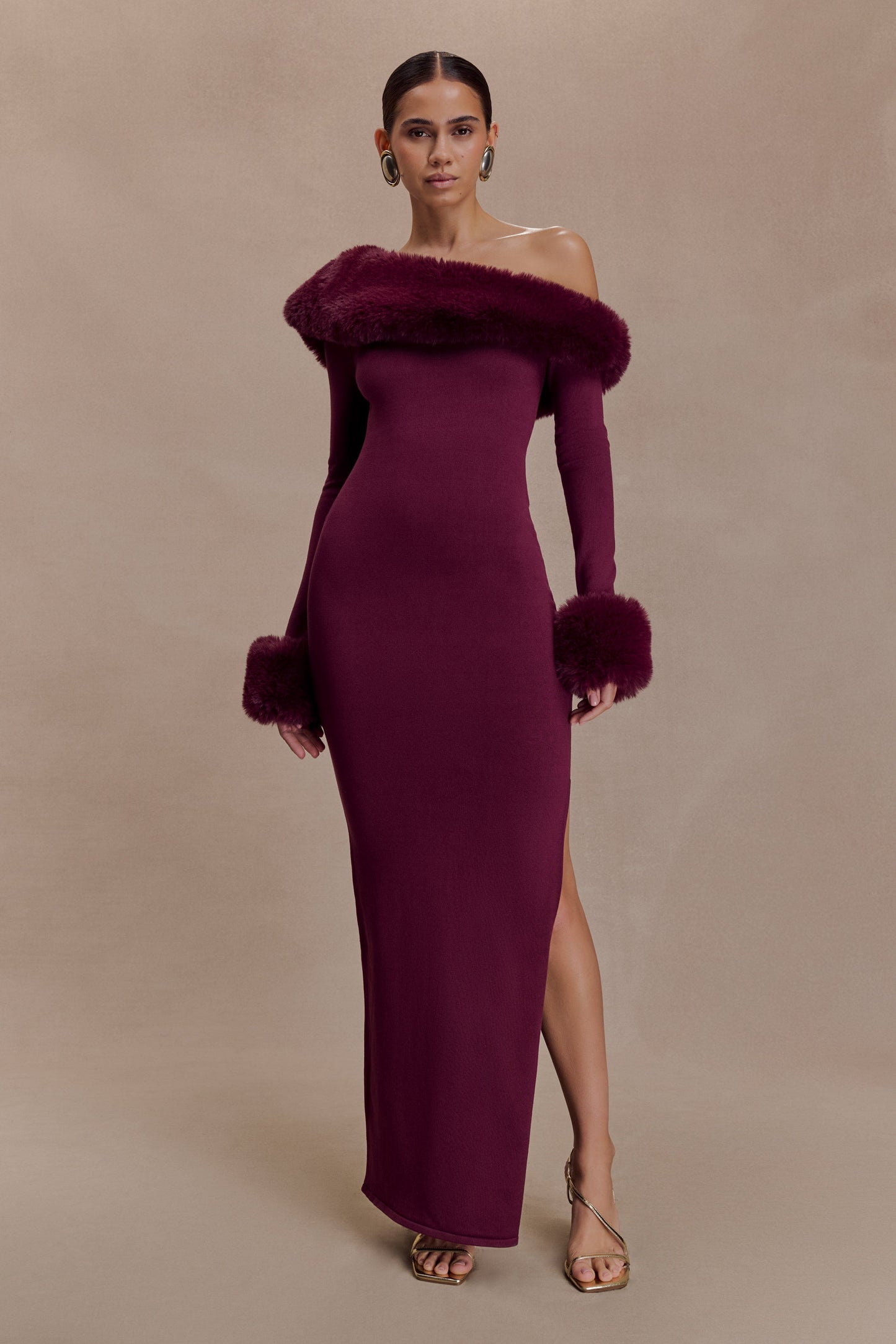 Karleigh Faux Fur Knit Maxi Dress - Plum