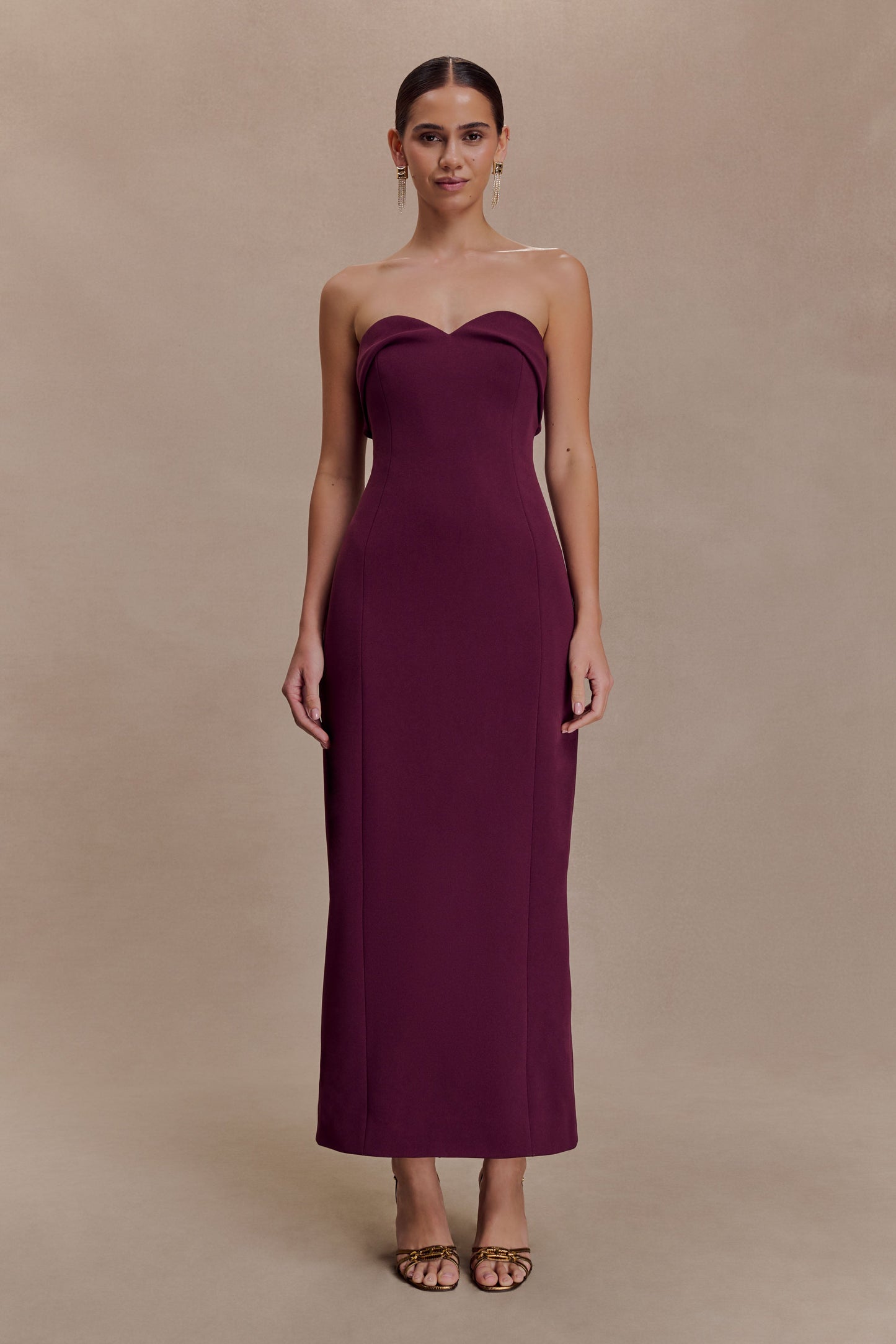 Cary Folded Strapless Crepe Midi Dress - Wine