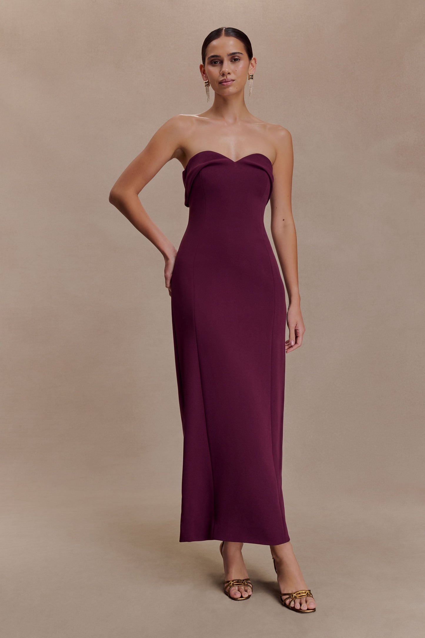 Cary Folded Strapless Crepe Midi Dress - Wine