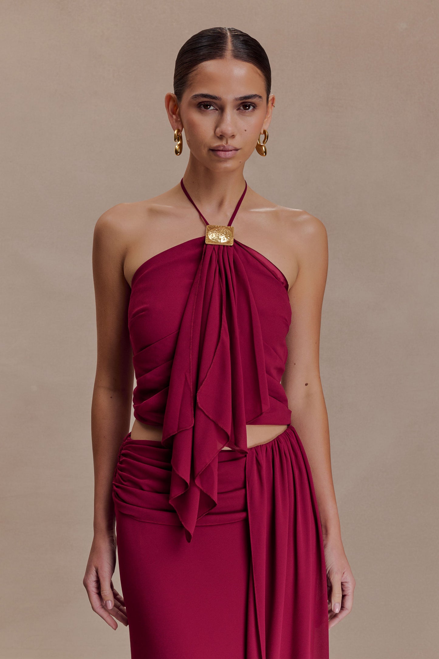 Celina Chiffon Halter Top With Hardware - Cherry Red