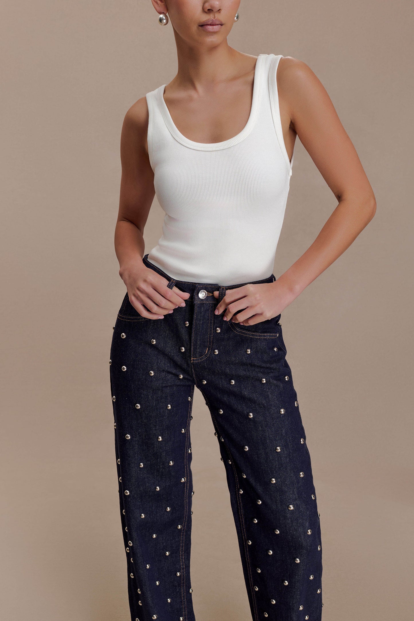 Alima Mid Rise Stud Denim Jeans - Washed Indigo Blue