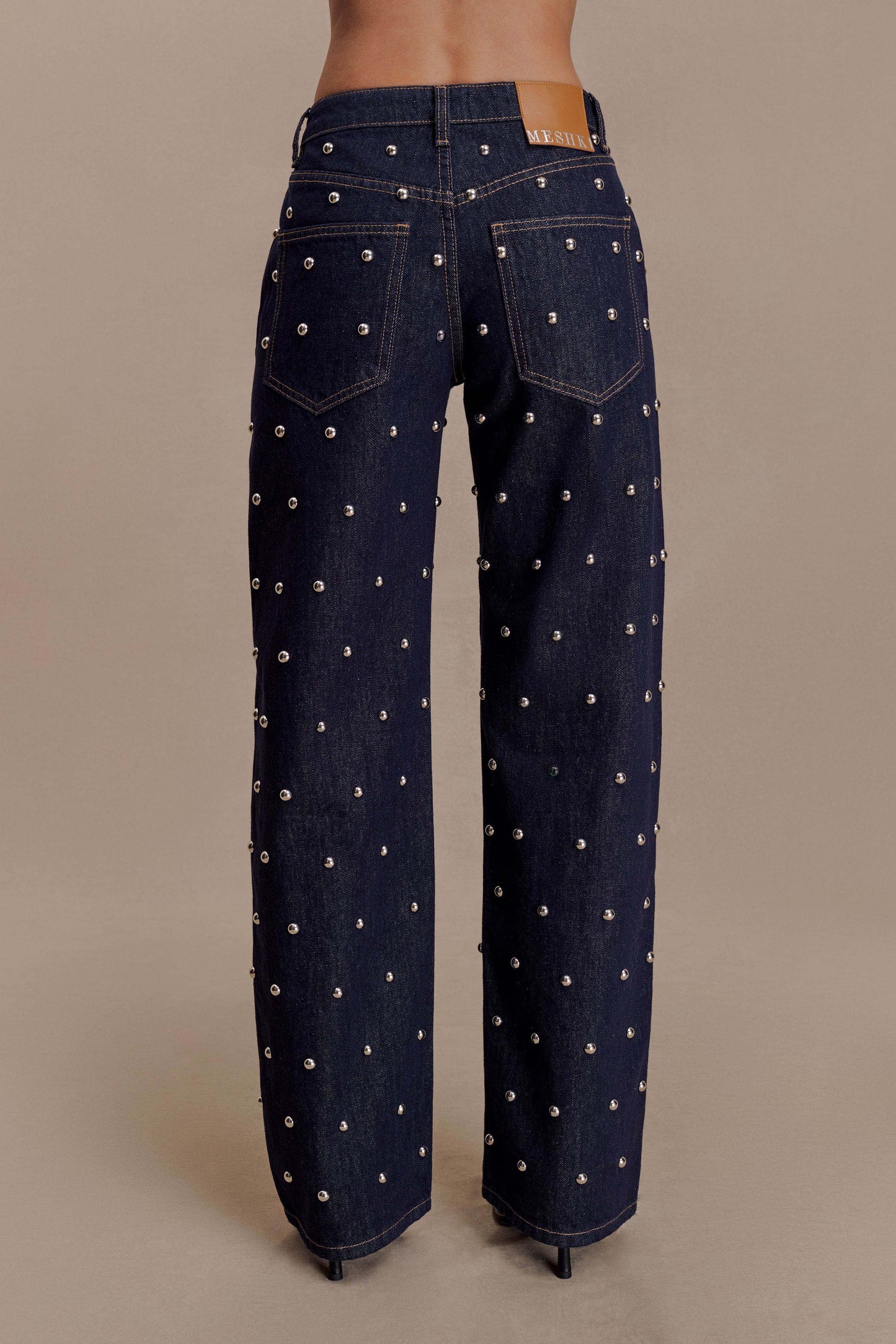 Alima Mid Rise Stud Denim Jeans - Washed Indigo Blue