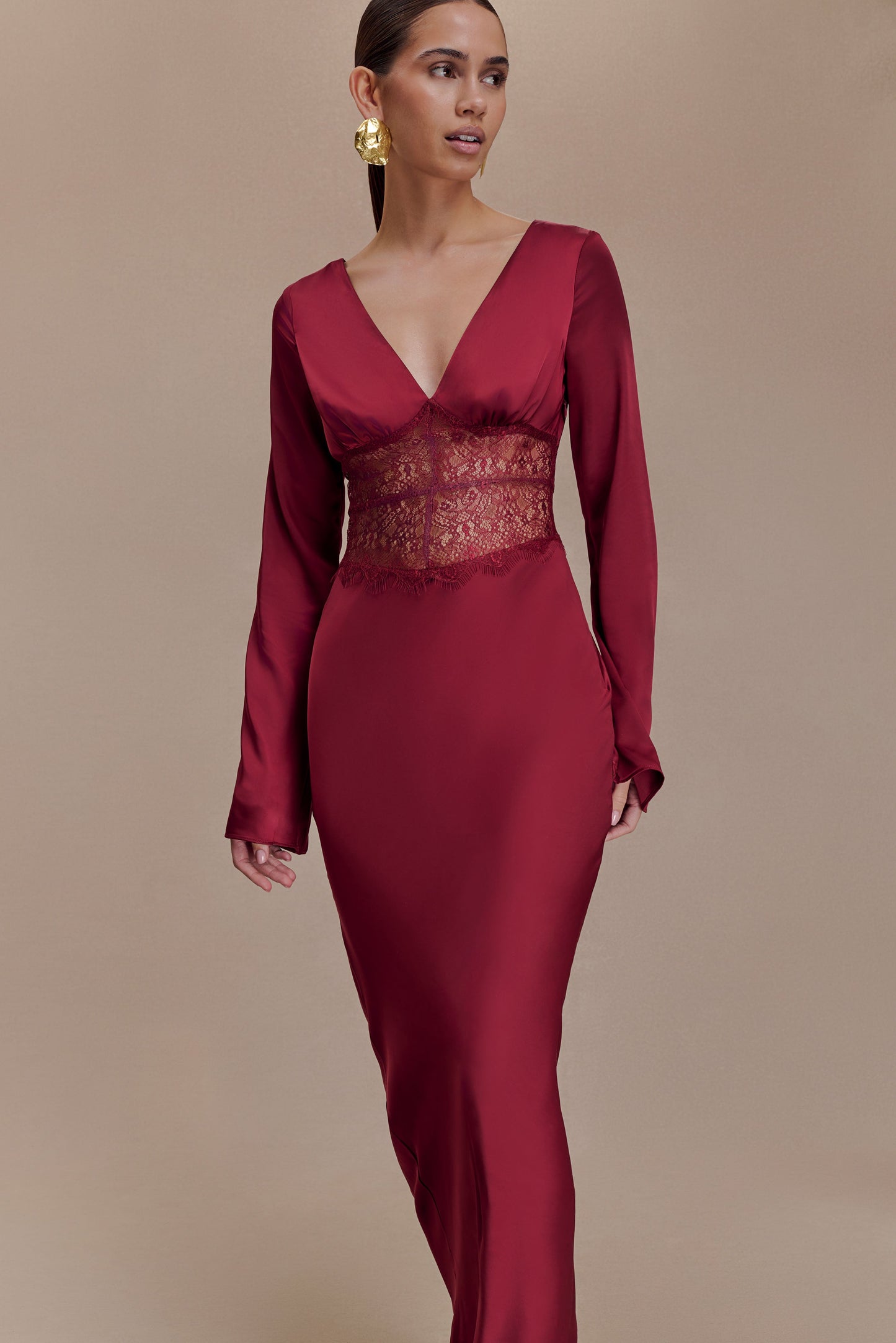Kaya Long Sleeve Satin And Mesh Maxi Dress - Wine