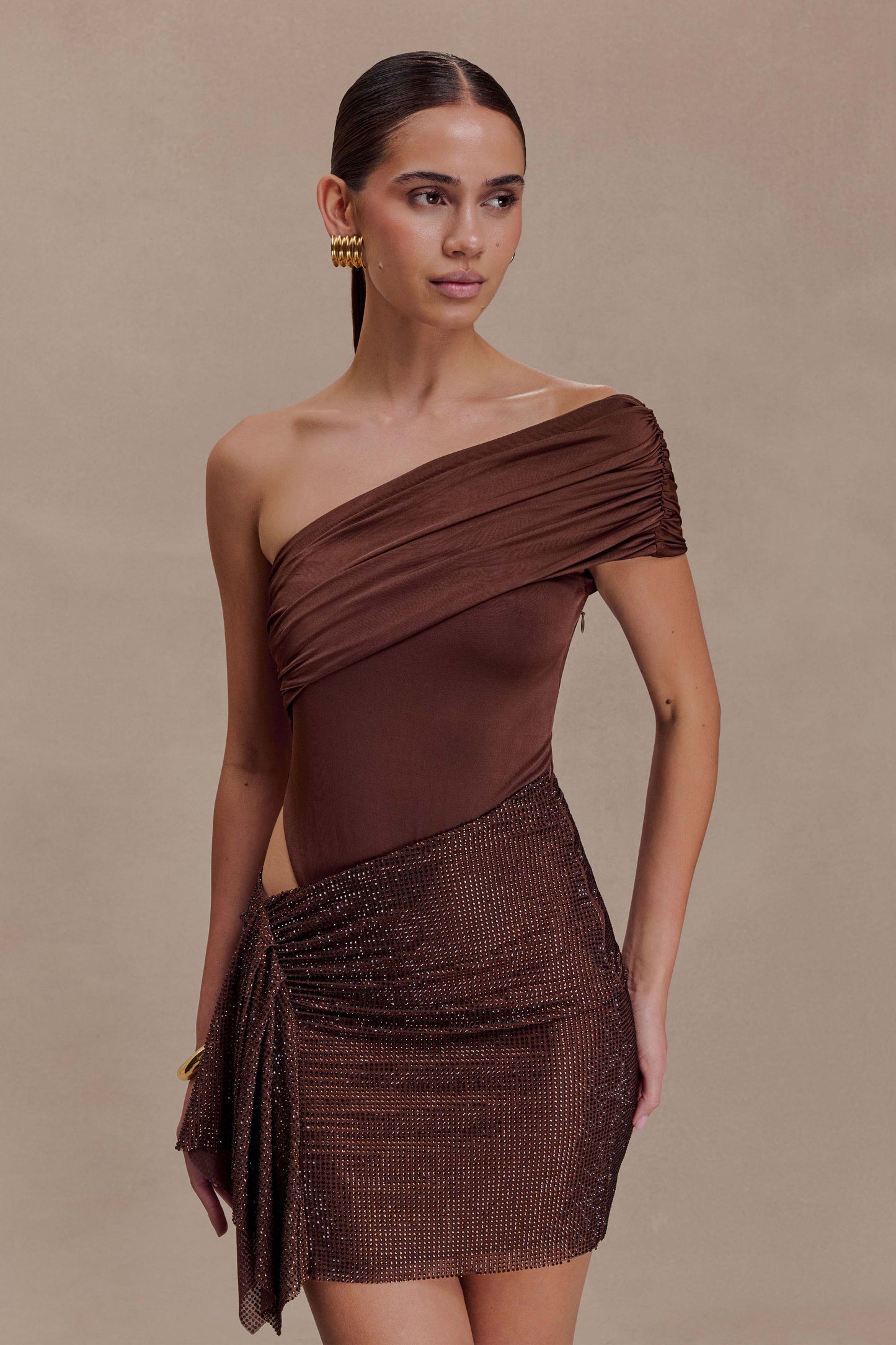 Paisley Slinky And Diamante Mini Dress - Chocolate