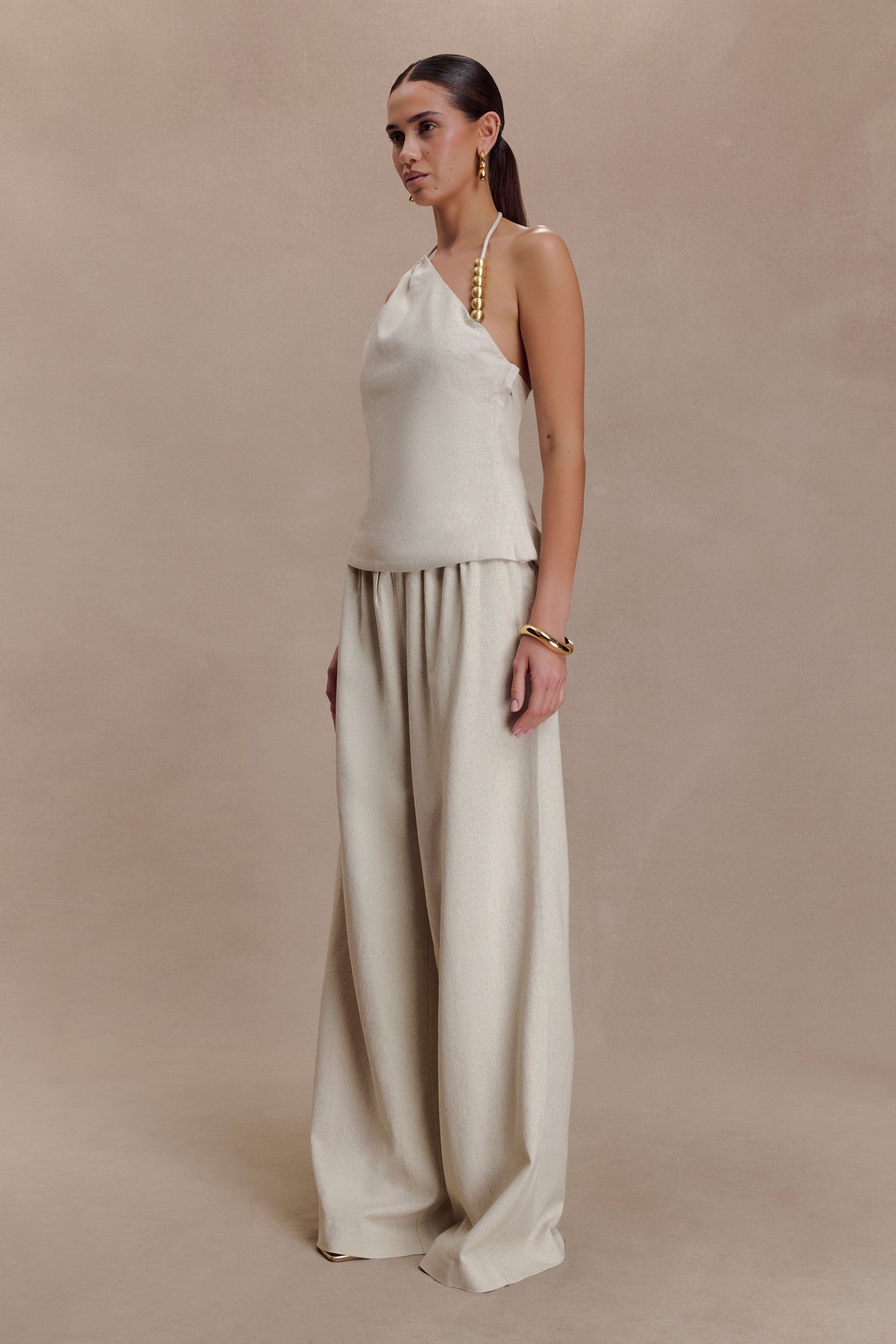 Gabby Asymmetrical Neckline Linen Beaded Top - Natural