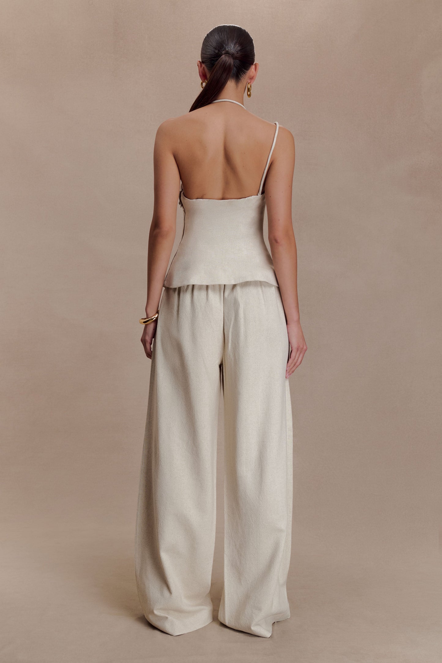 Gabby Asymmetrical Neckline Linen Beaded Top - Natural