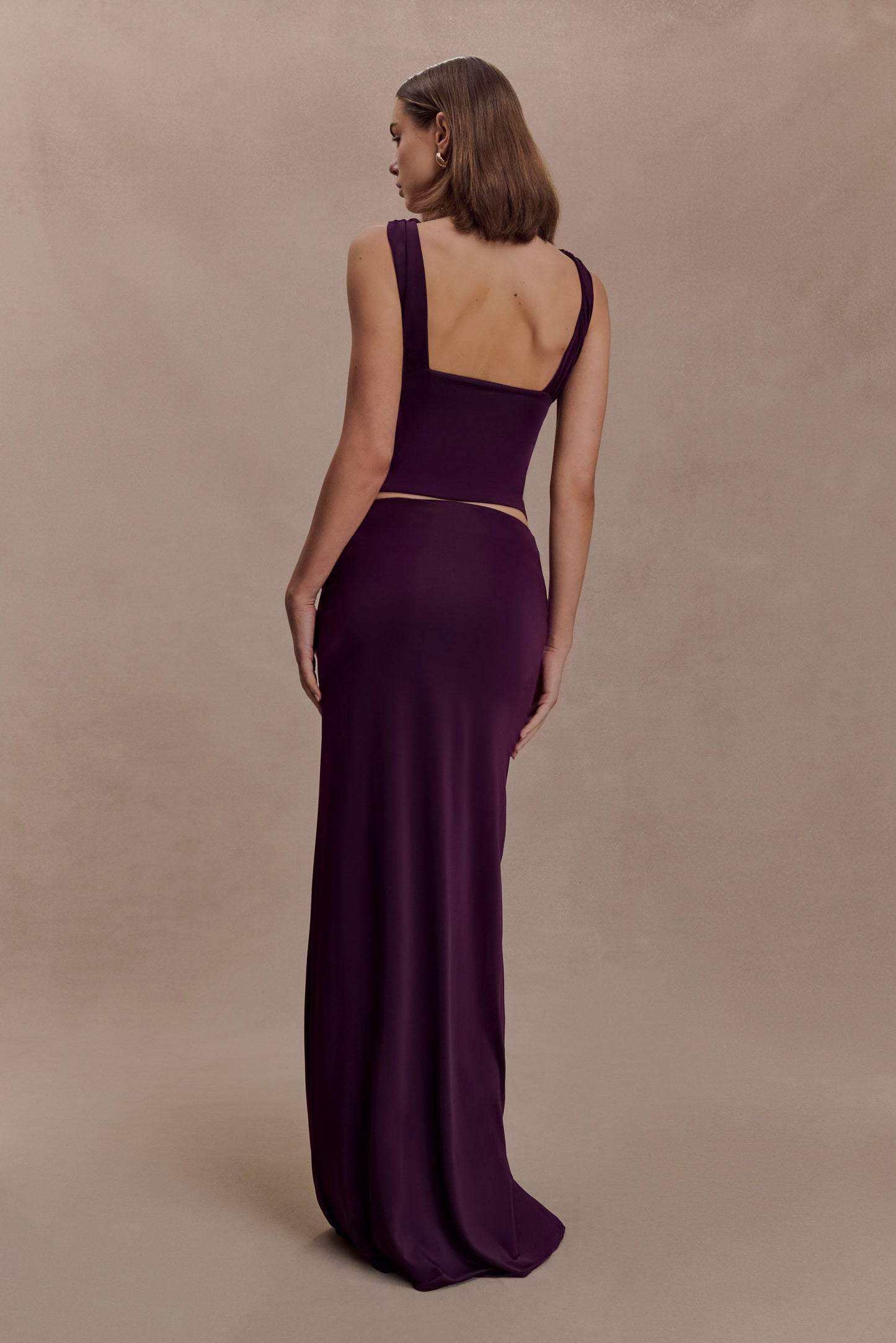 Erina Slinky Ruched Maxi Skirt With Hardware - Aubergine