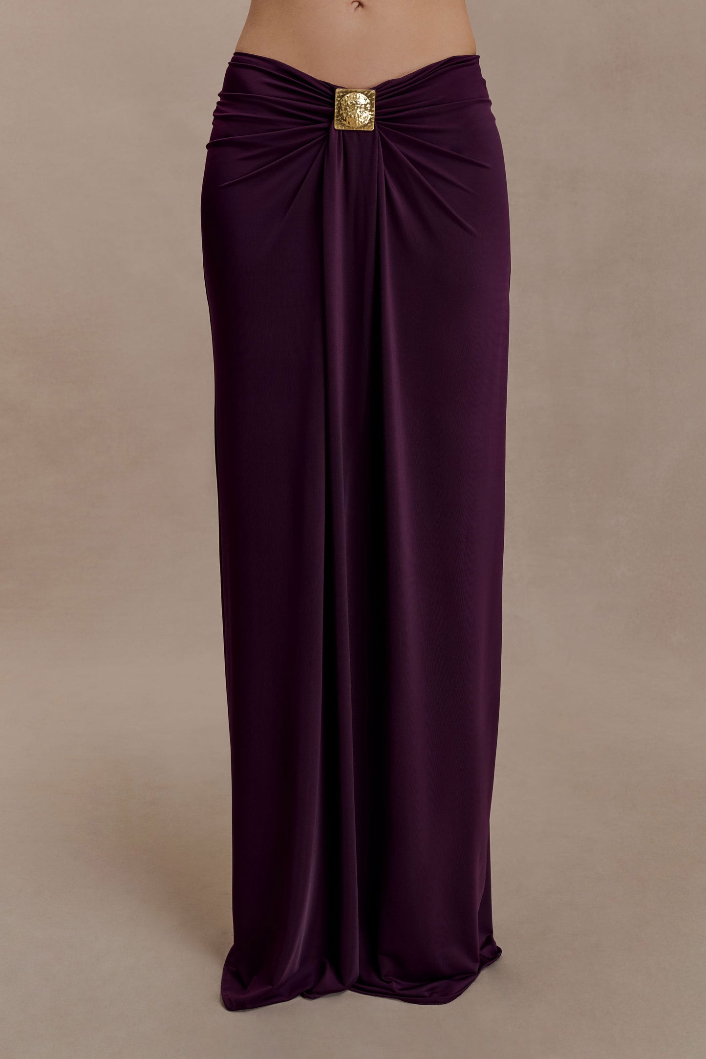Erina Slinky Ruched Maxi Skirt With Hardware - Aubergine