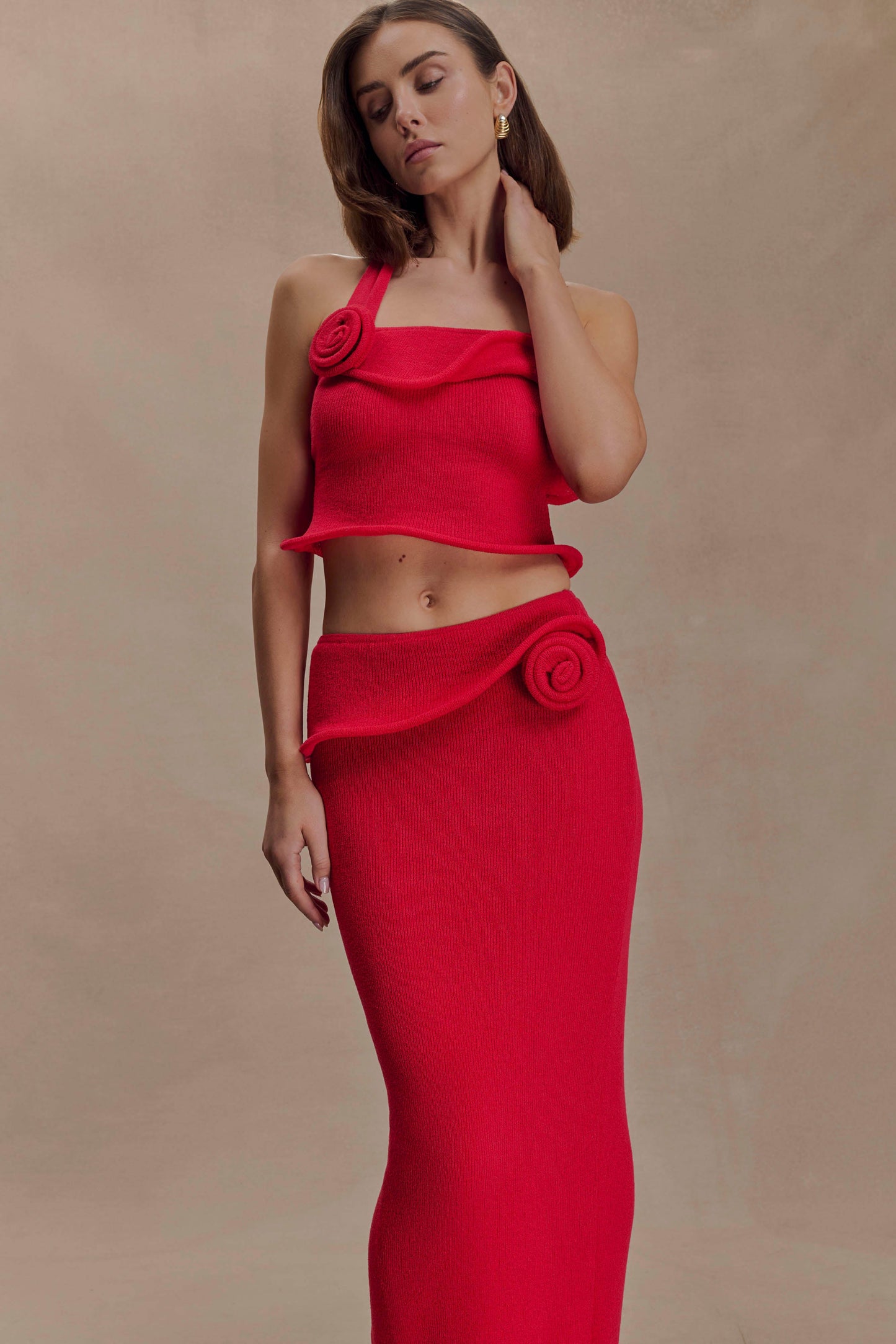 Samira Halter Knit Twist Top - Red