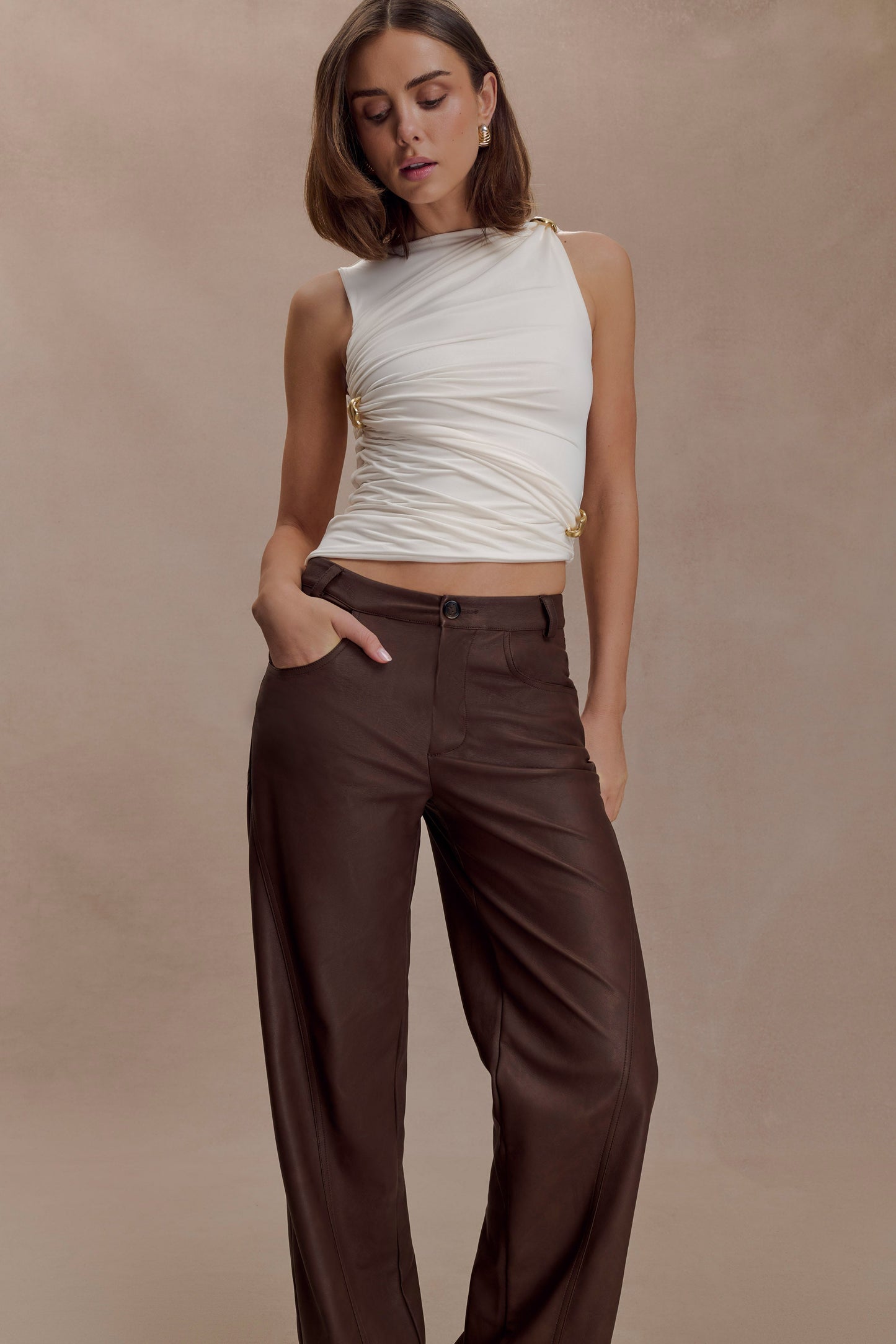 Amia Slinky Sleeveless Top With Hardware - Ivory