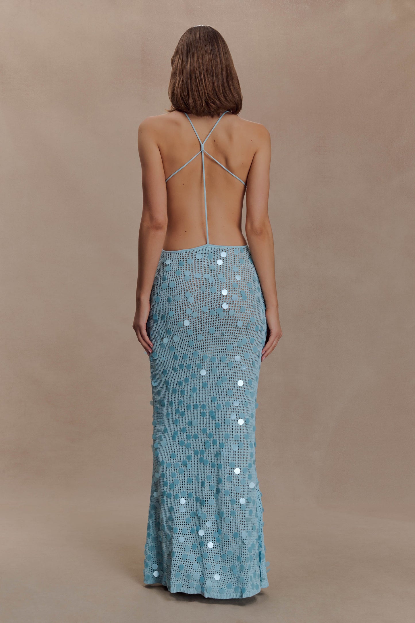 Carmen Crochet Sequin Maxi Open Back Dress - Blue