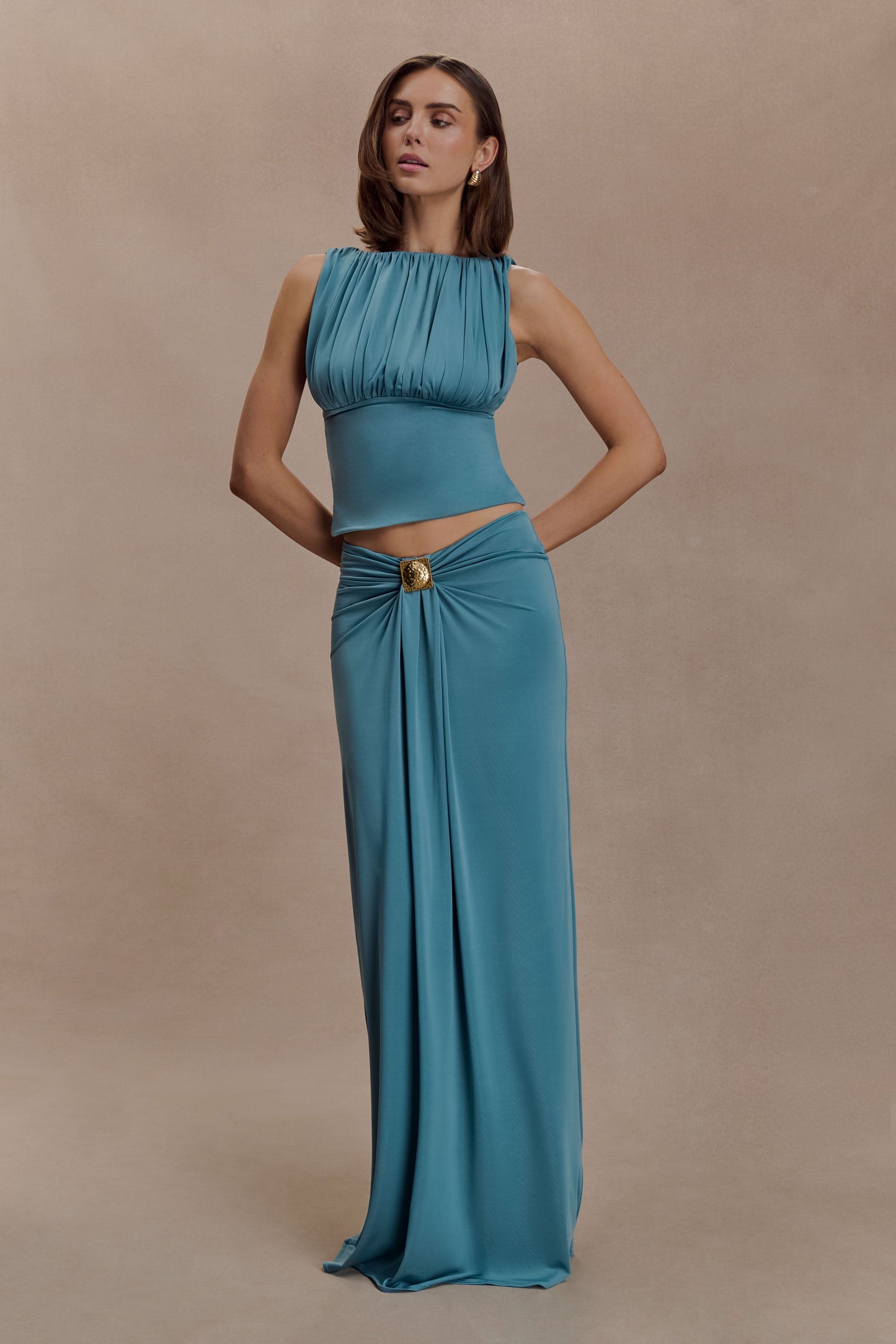 Erina Slinky Ruched Maxi Skirt With Hardware - Teal