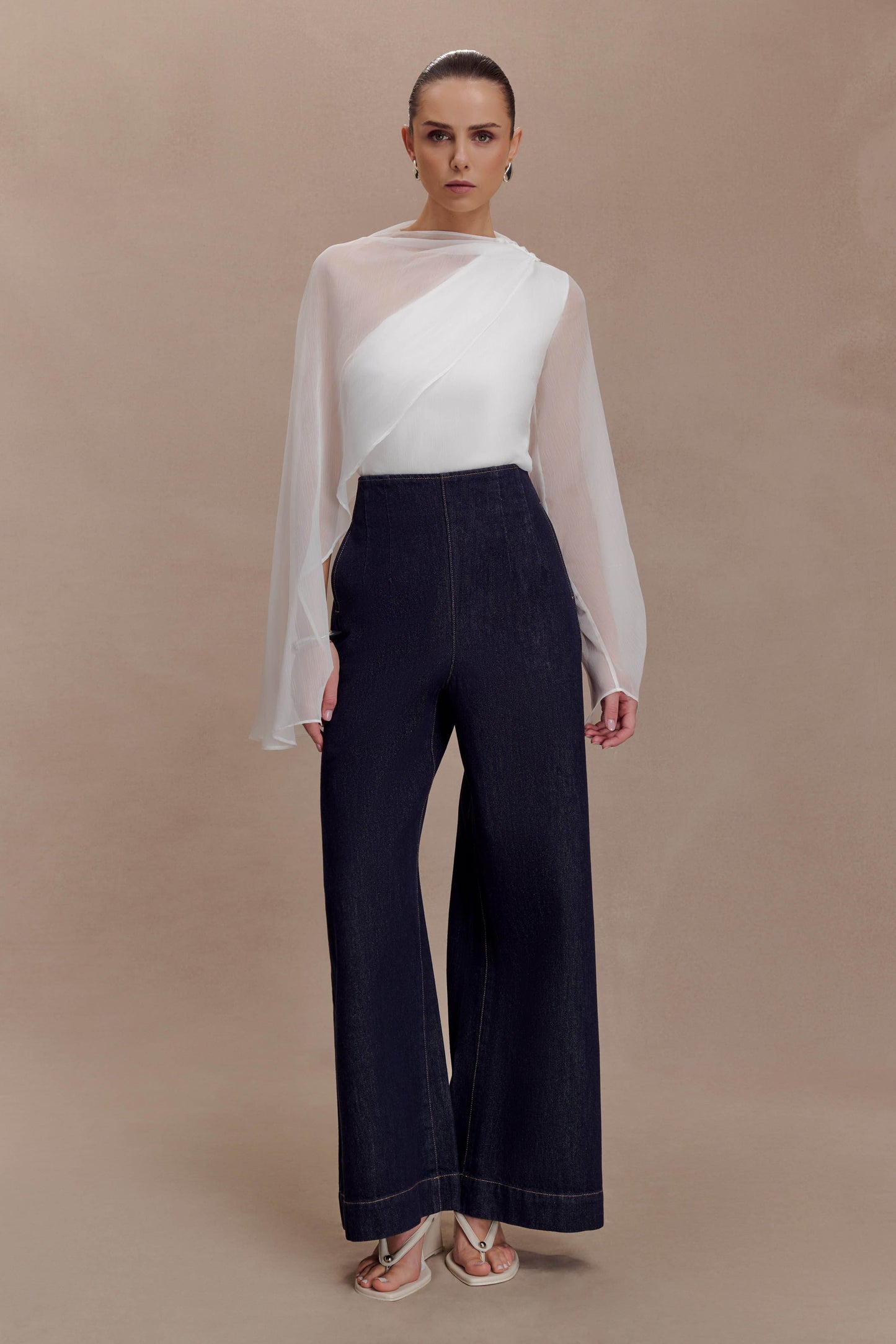 Ida Sheer Asymmetrical Long Sleeve Cape - White