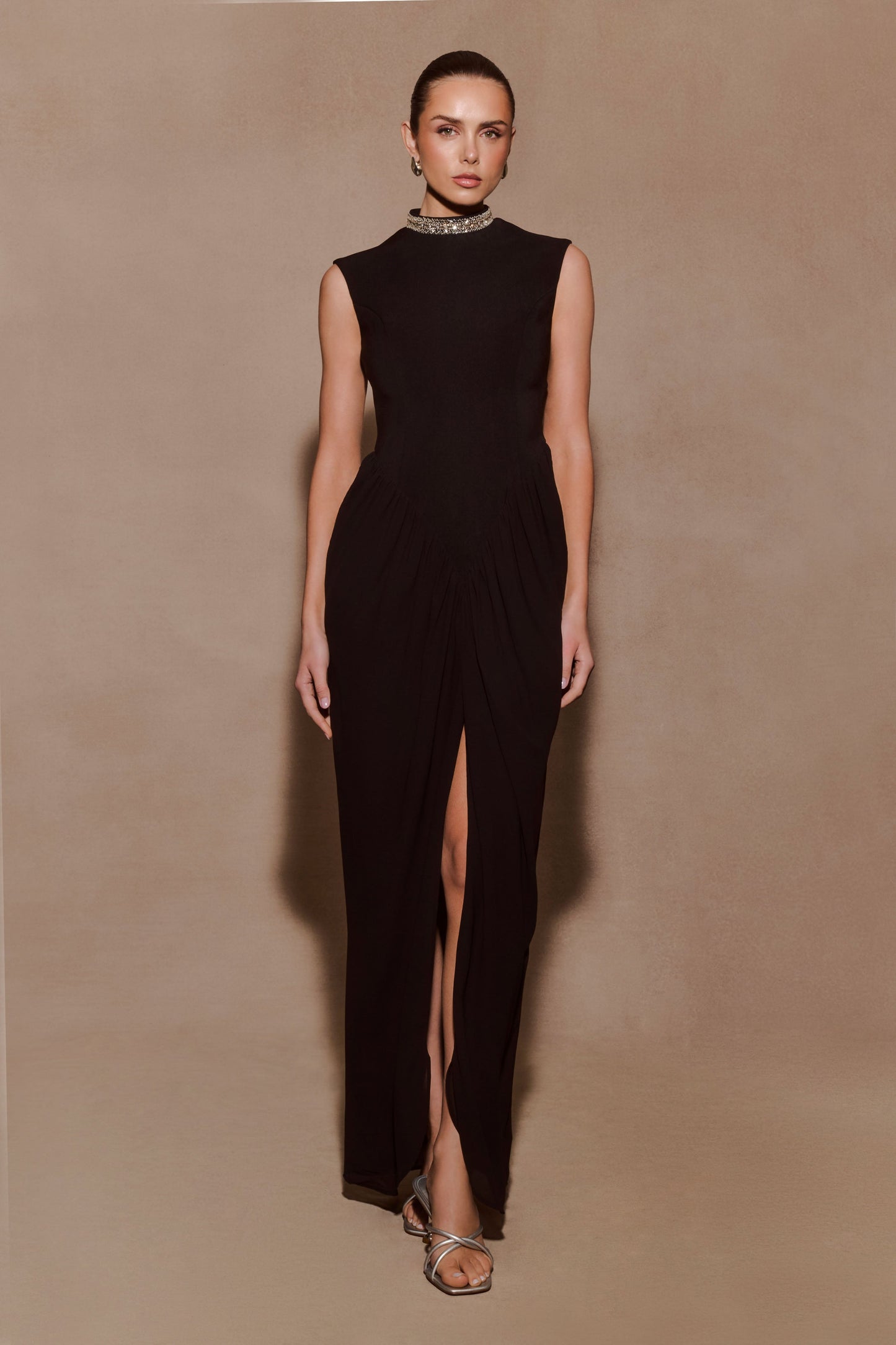 Elisa Diamante Neck Maxi Dress - Black