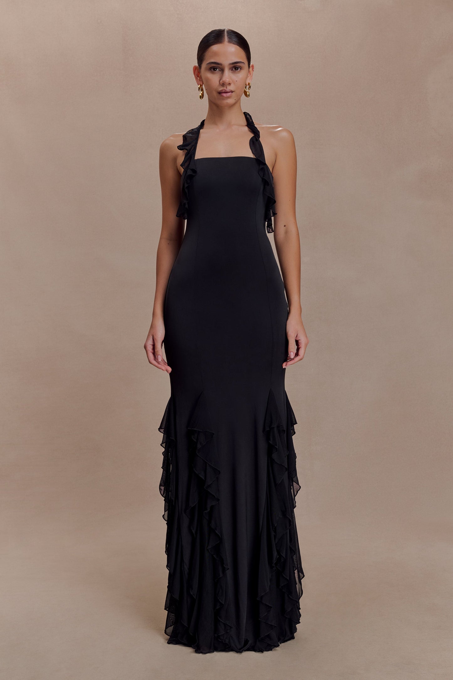 Etta Ruffle Slinky Maxi Dress - Black