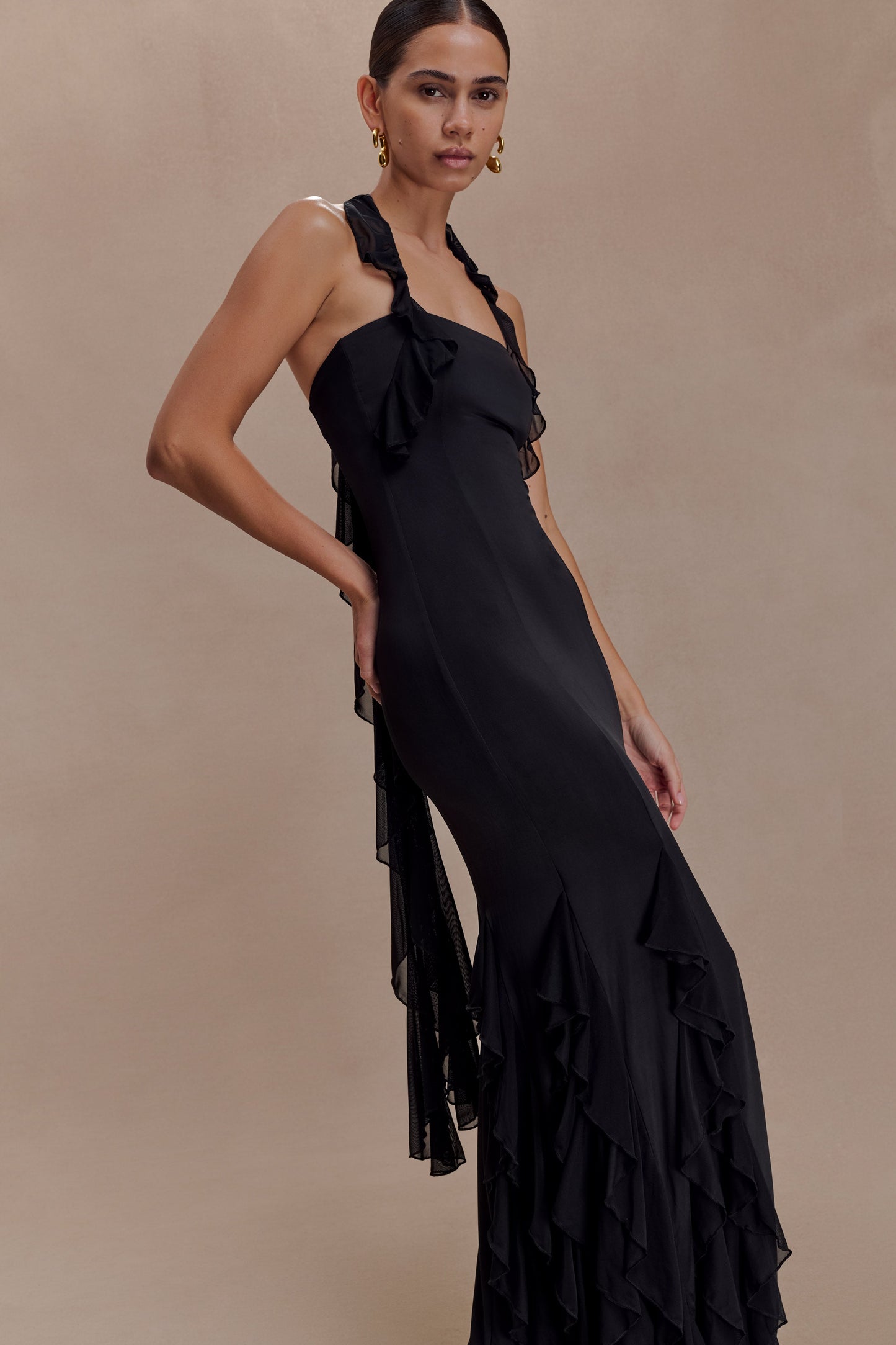 Etta Ruffle Slinky Maxi Dress - Black