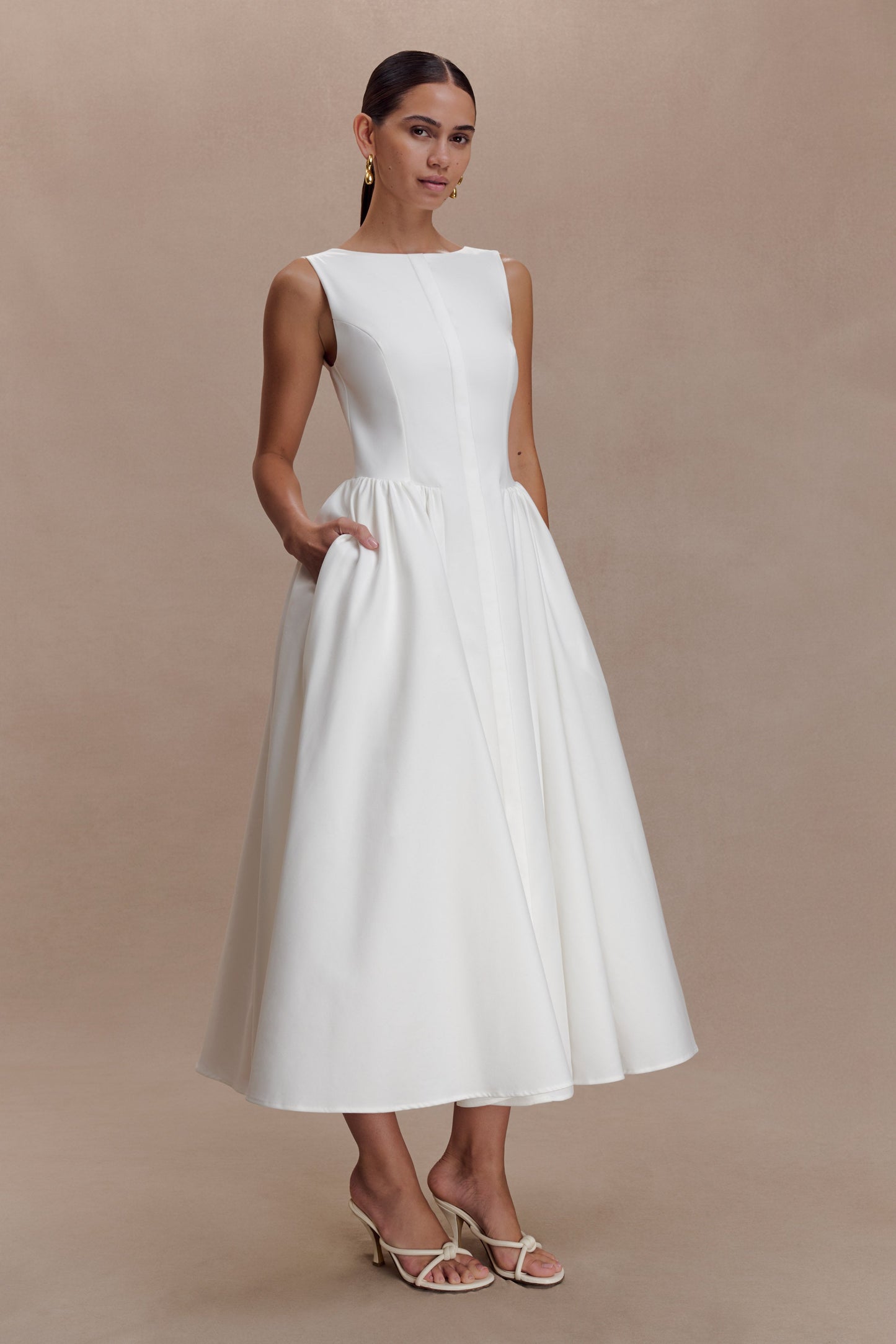 Monika Gathered Waist Cotton Midi Dress - White