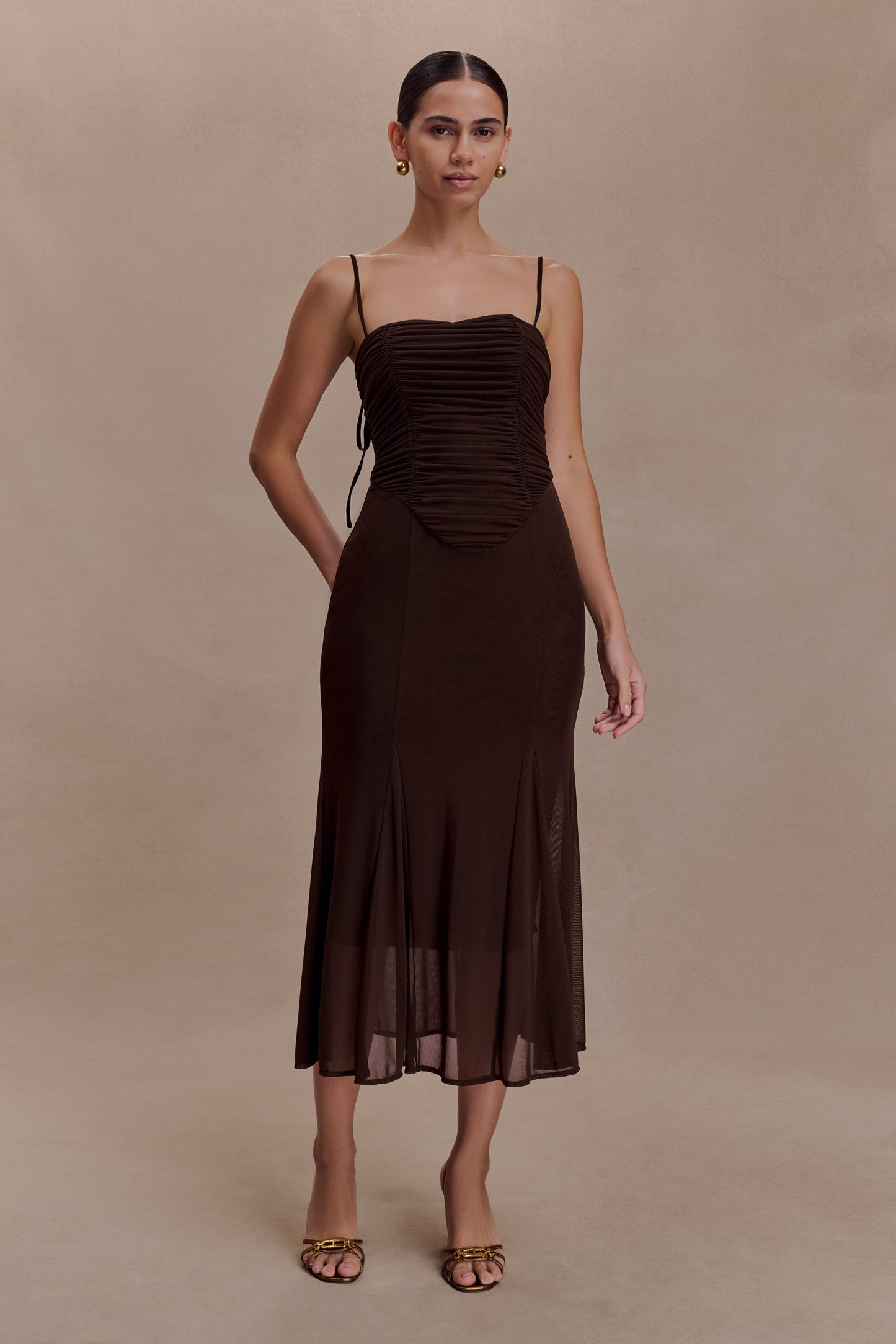Willa Gathered Mesh Midi Dress - Chocolate