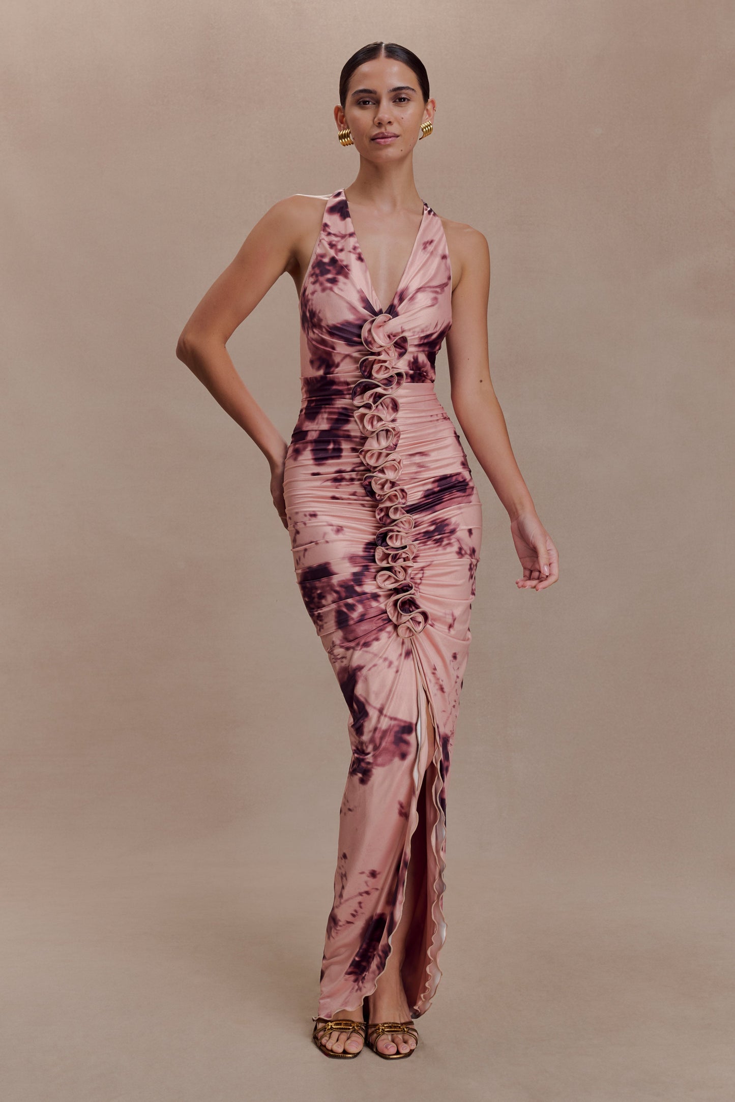 Alessandra Slinky Ruffle Maxi Dress - Pink Blurred Floral Print