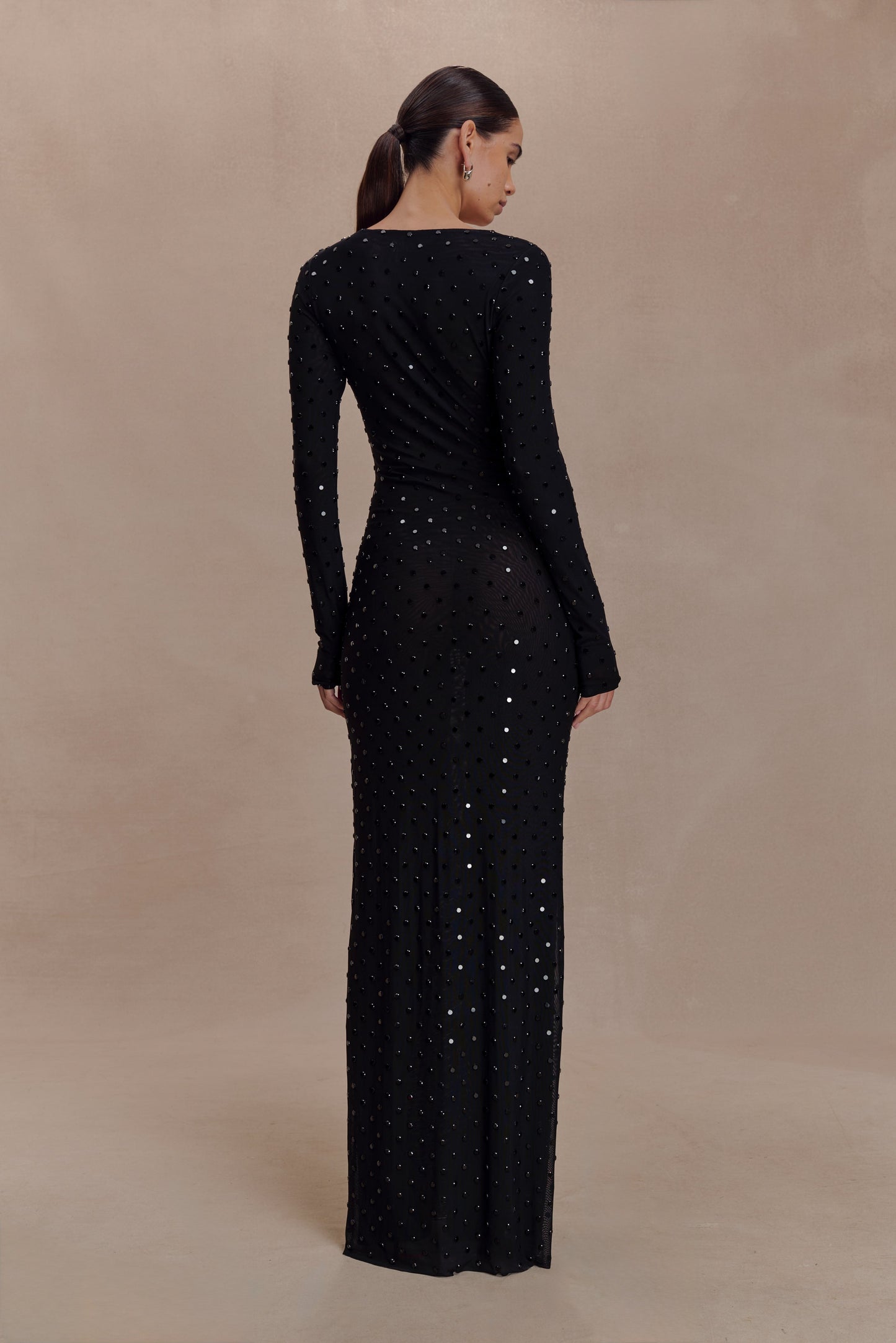 Acadia Diamante Long Sleeve Maxi Dress - Black