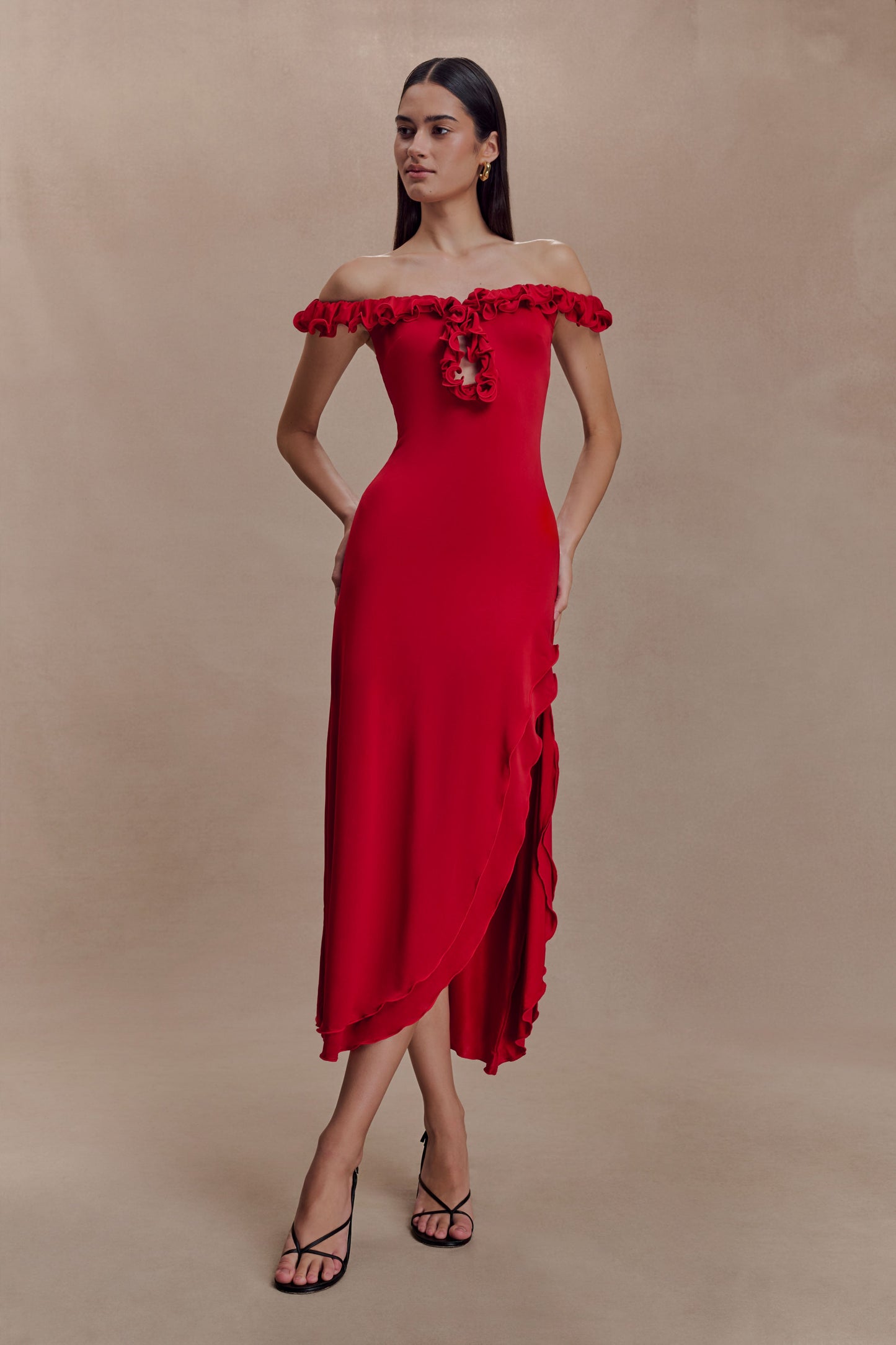 Allegra Off Shoulder Ruffle Midi Dress - Ruby