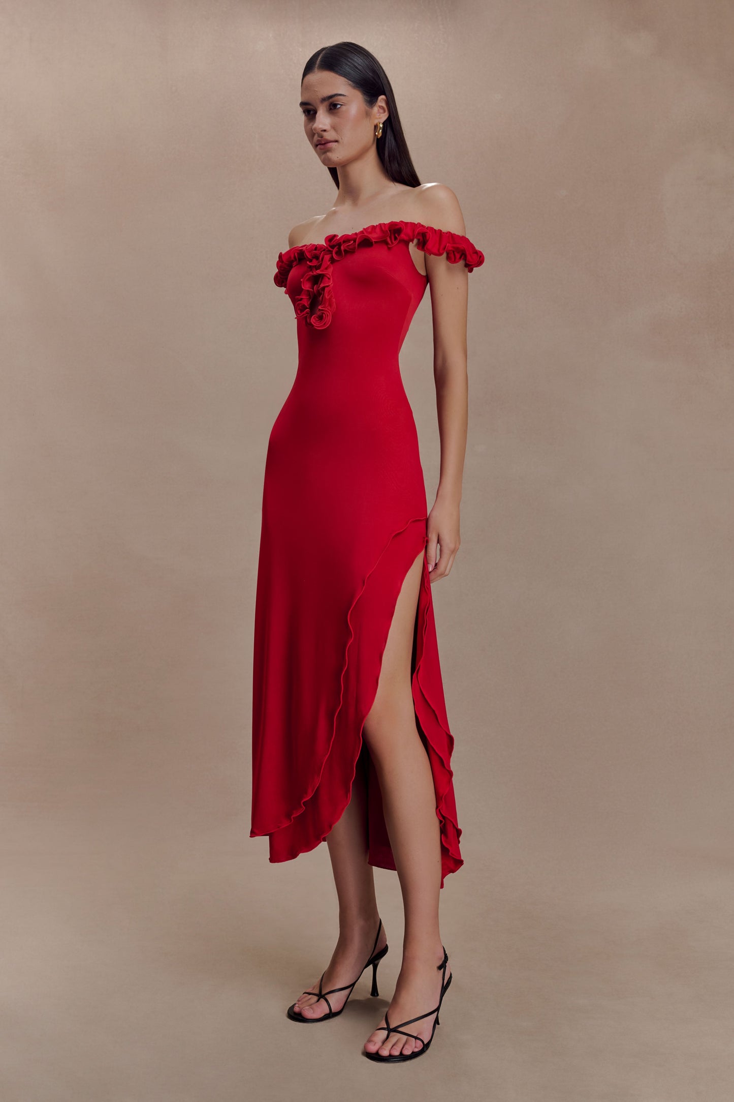 Allegra Off Shoulder Ruffle Midi Dress - Ruby