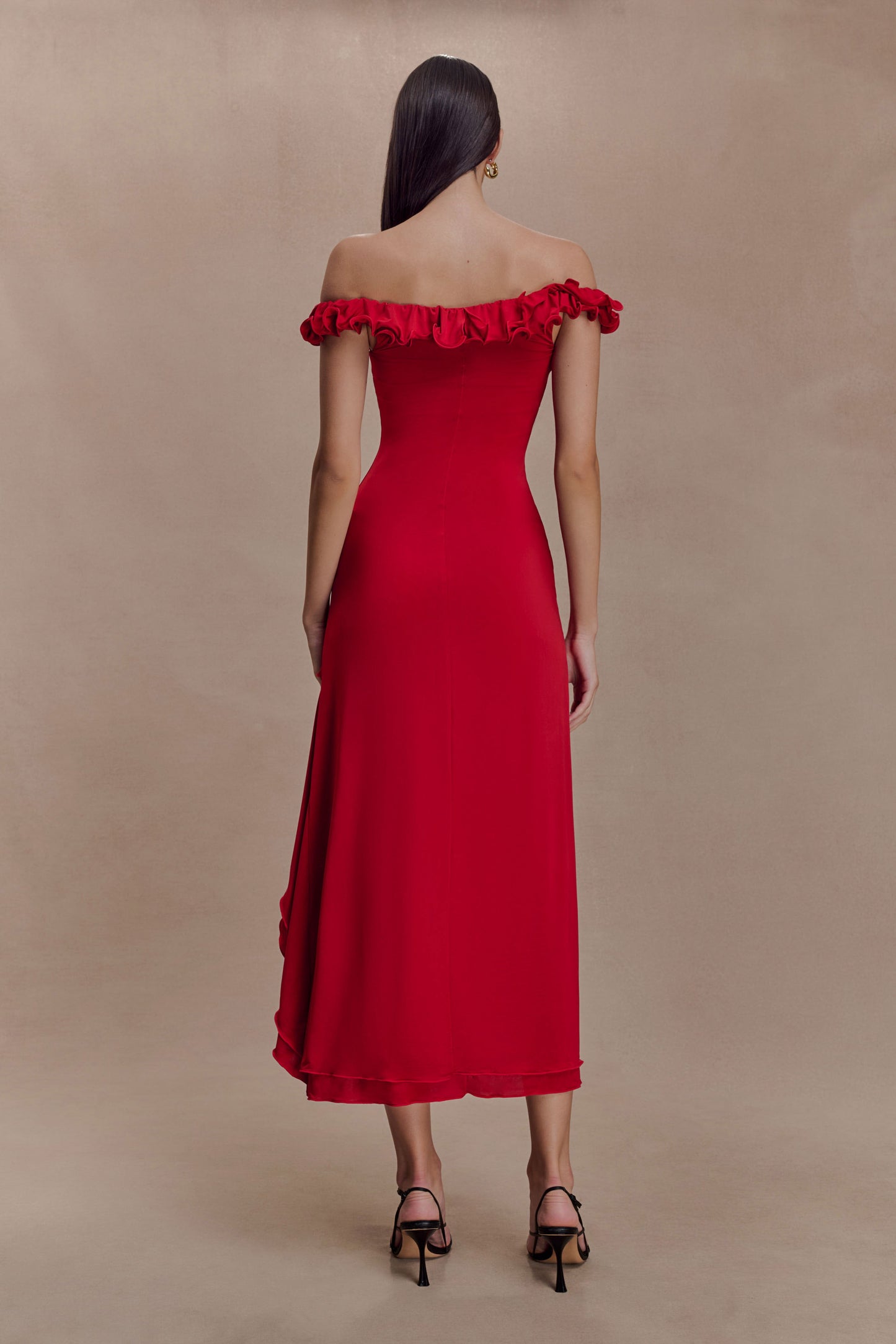 Allegra Off Shoulder Ruffle Midi Dress - Ruby
