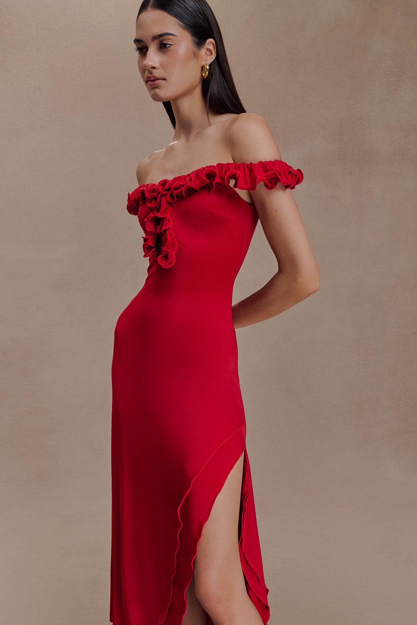 Allegra Off Shoulder Ruffle Midi Dress - Ruby