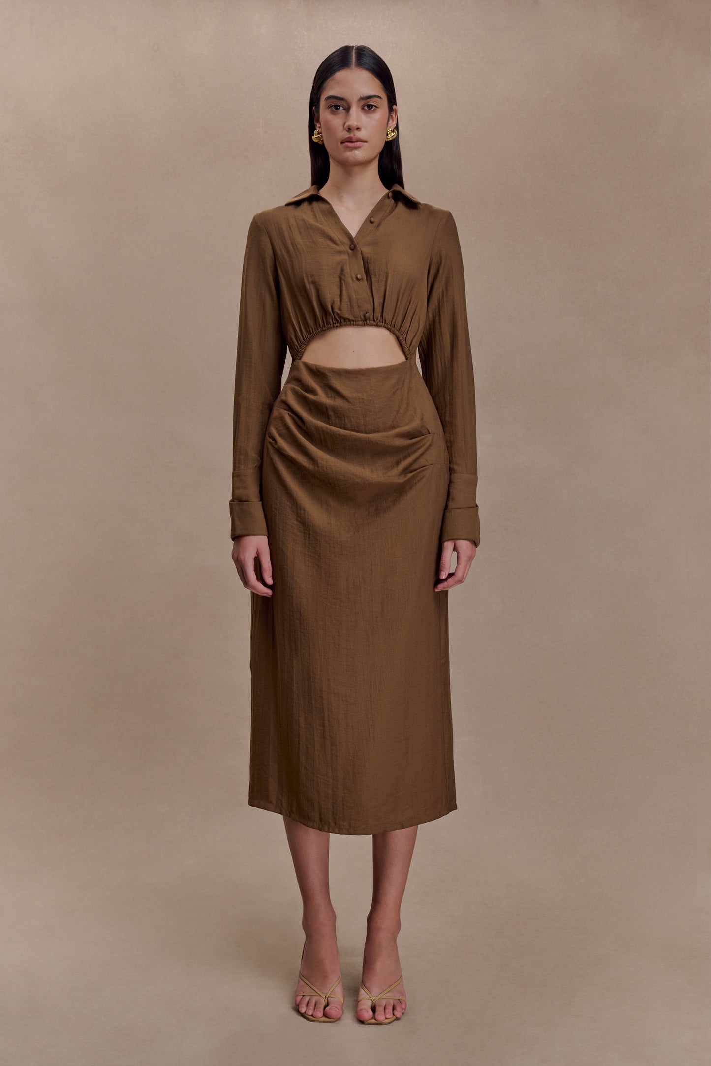 Cecilie Cut Out Shirt Midi Dress - Dark Chocolate