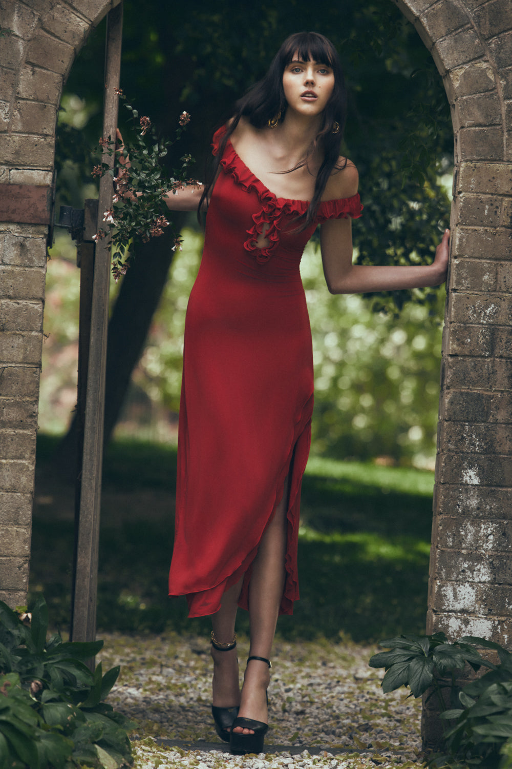 Allegra Off Shoulder Ruffle Midi Dress - Ruby