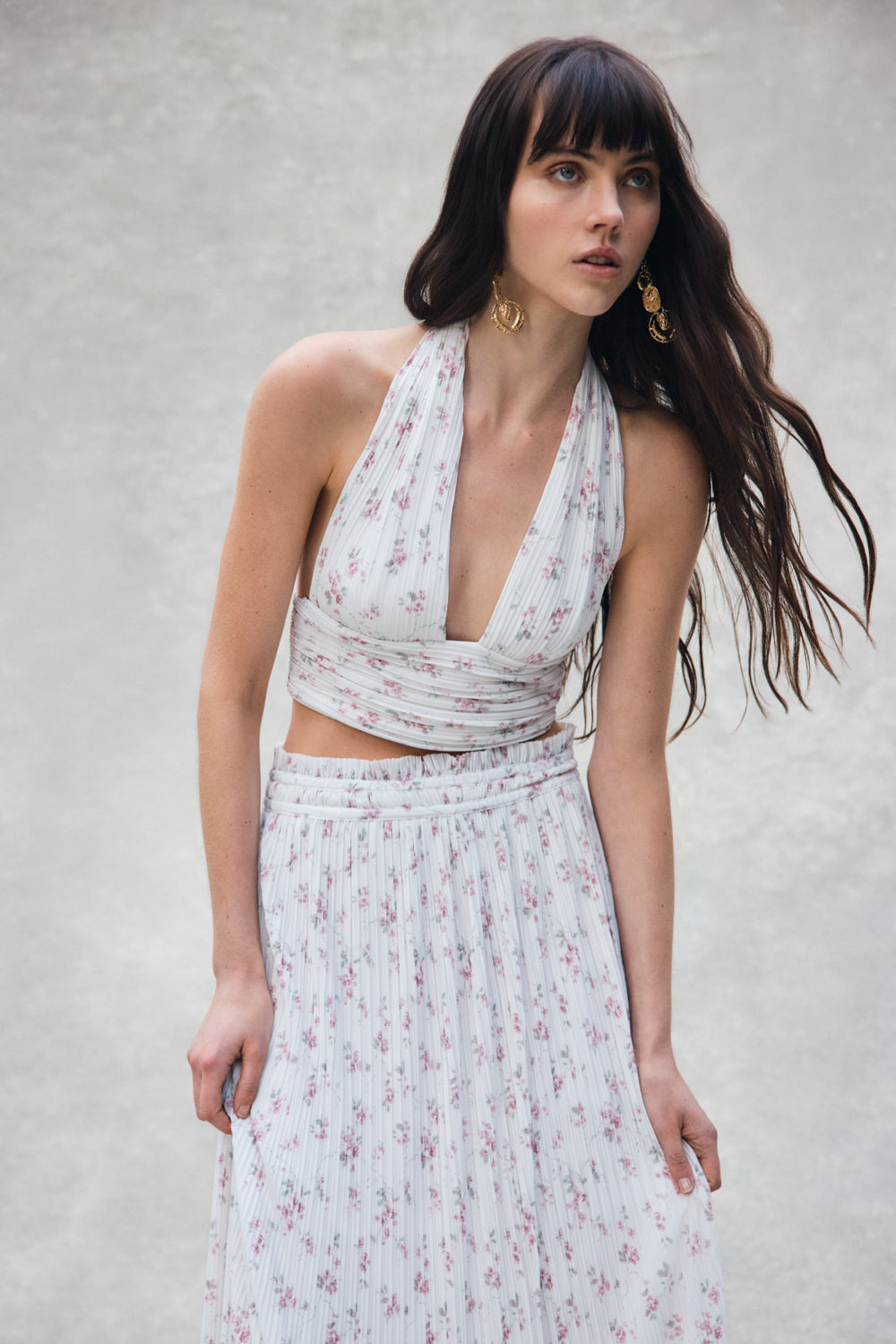 Amaris Sleeveless Plisse Halter Top - Floral Ditsy Print