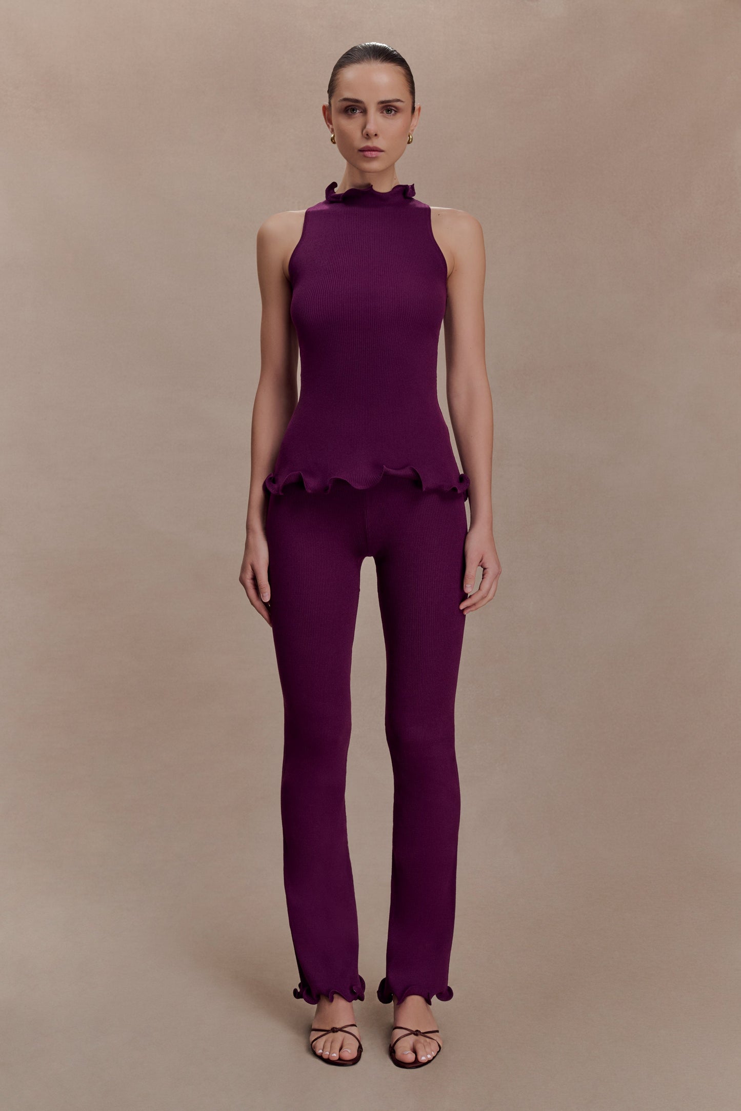 Diya Ribbed High Waisted Pants With Wire Hem - Plum