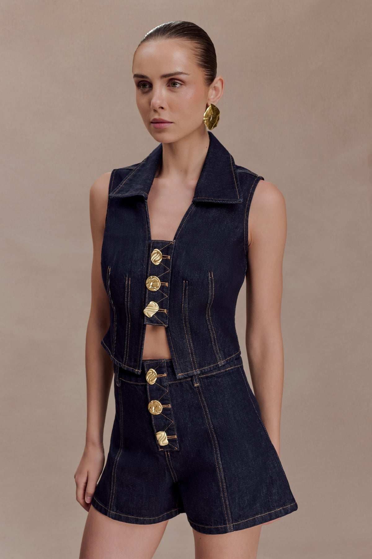 Shona Denim Vest With Decorative Buttons - Washed Indigo Blue