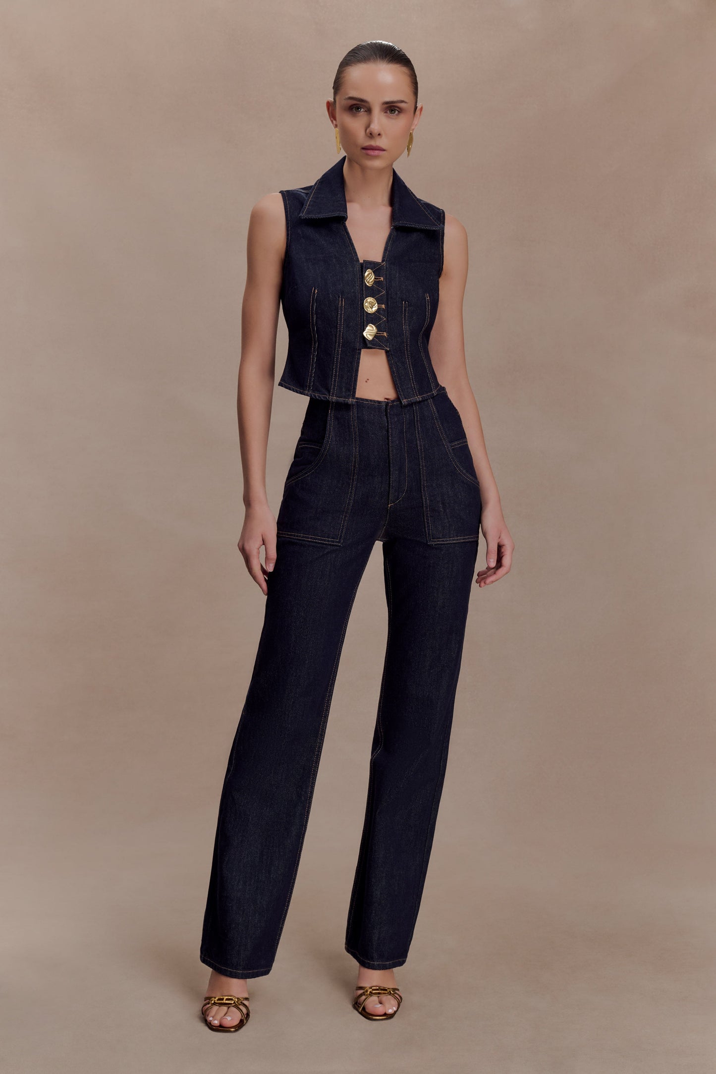 Shona Denim Vest With Decorative Buttons - Washed Indigo Blue