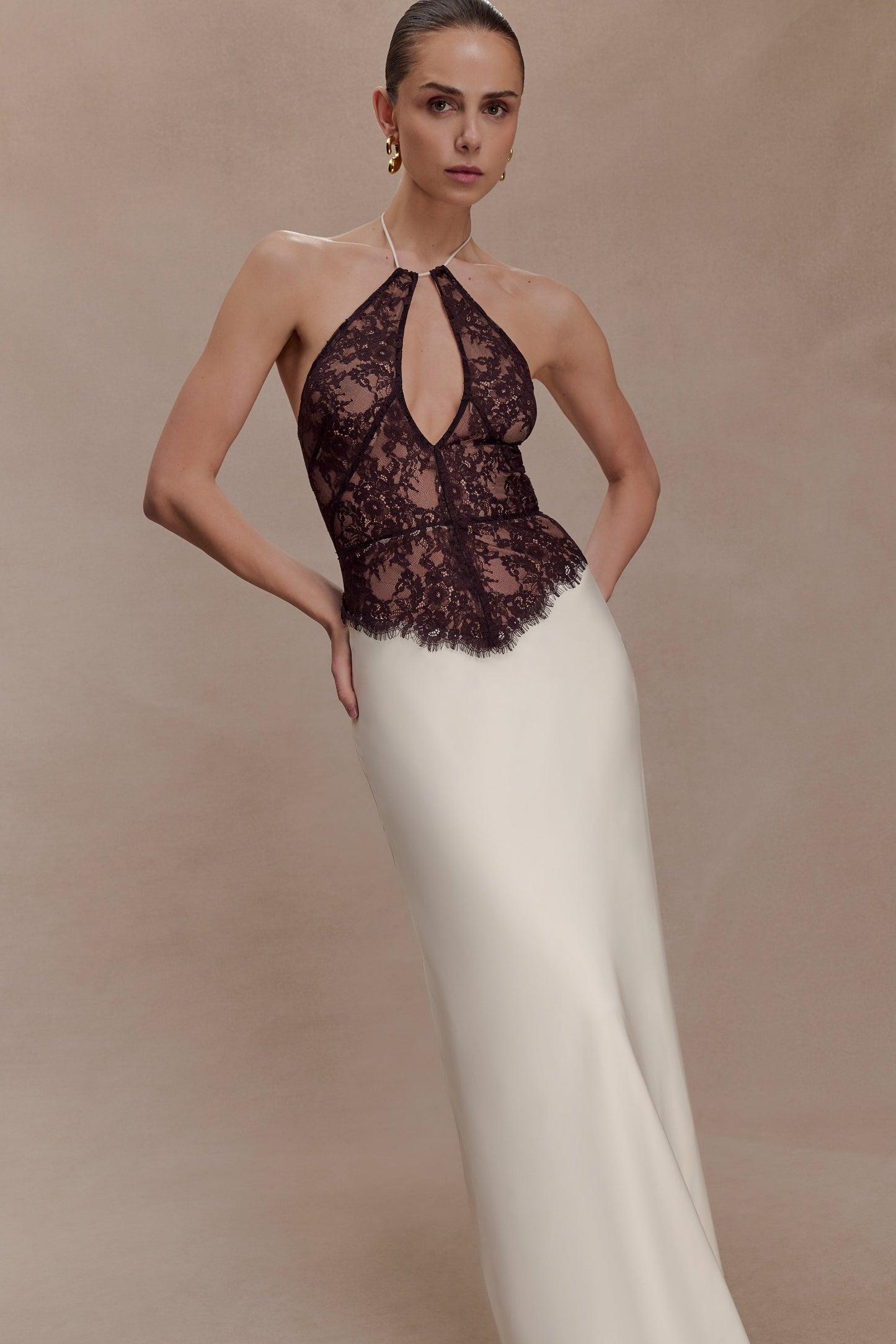 Sascha Lace And Satin Halter Maxi Dress - Ivory/Chocolate