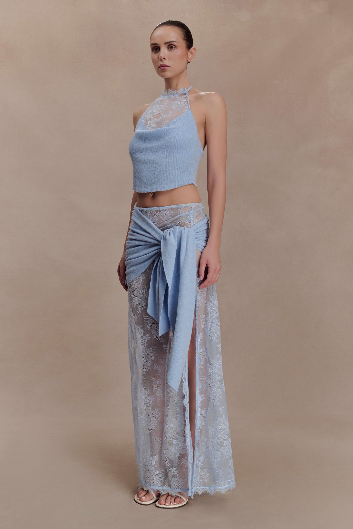 Lucy Lace And Knit Halter Top - Cornflower Blue