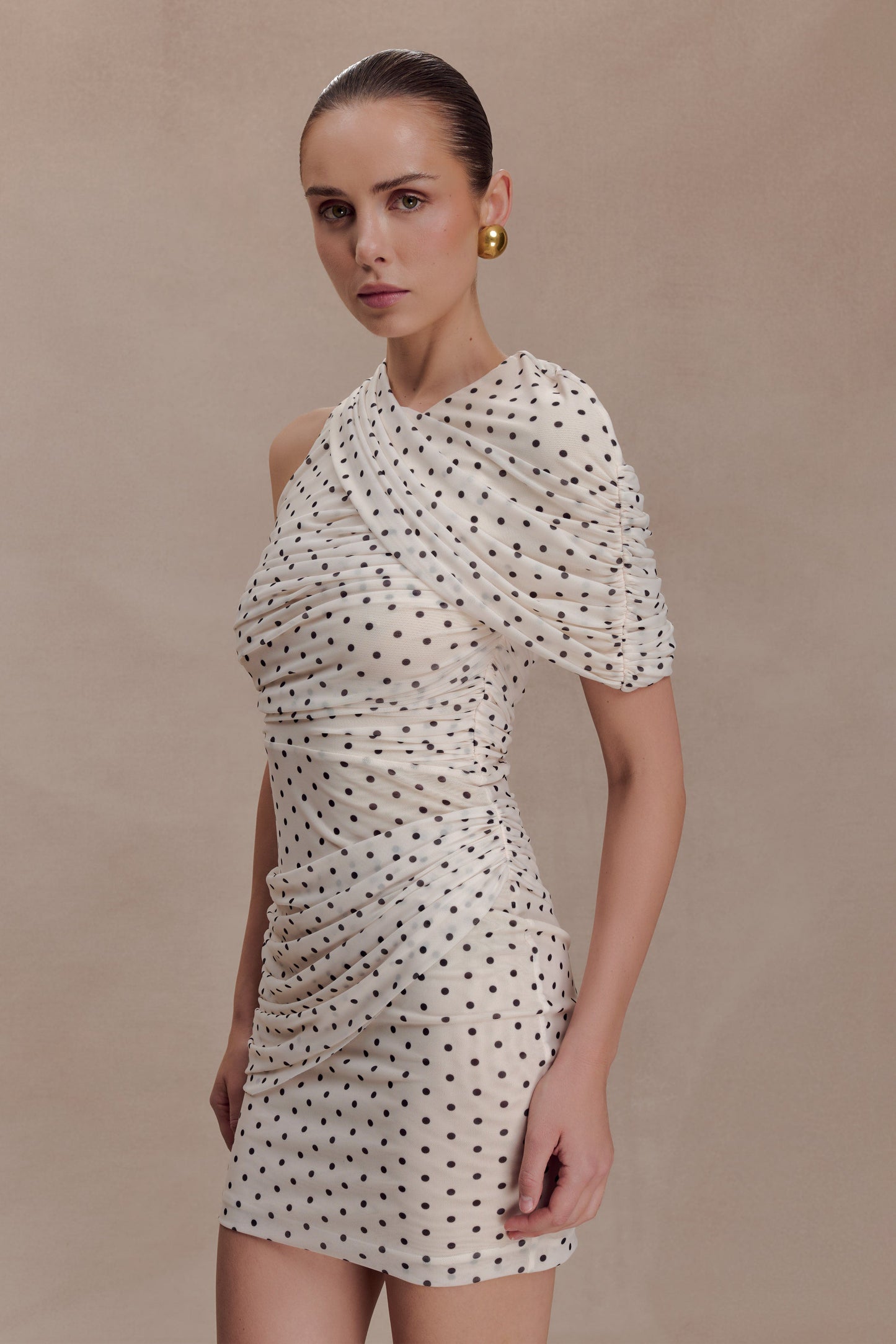 Adrienne One Shoulder Mesh Mini Dress - Polka Dot