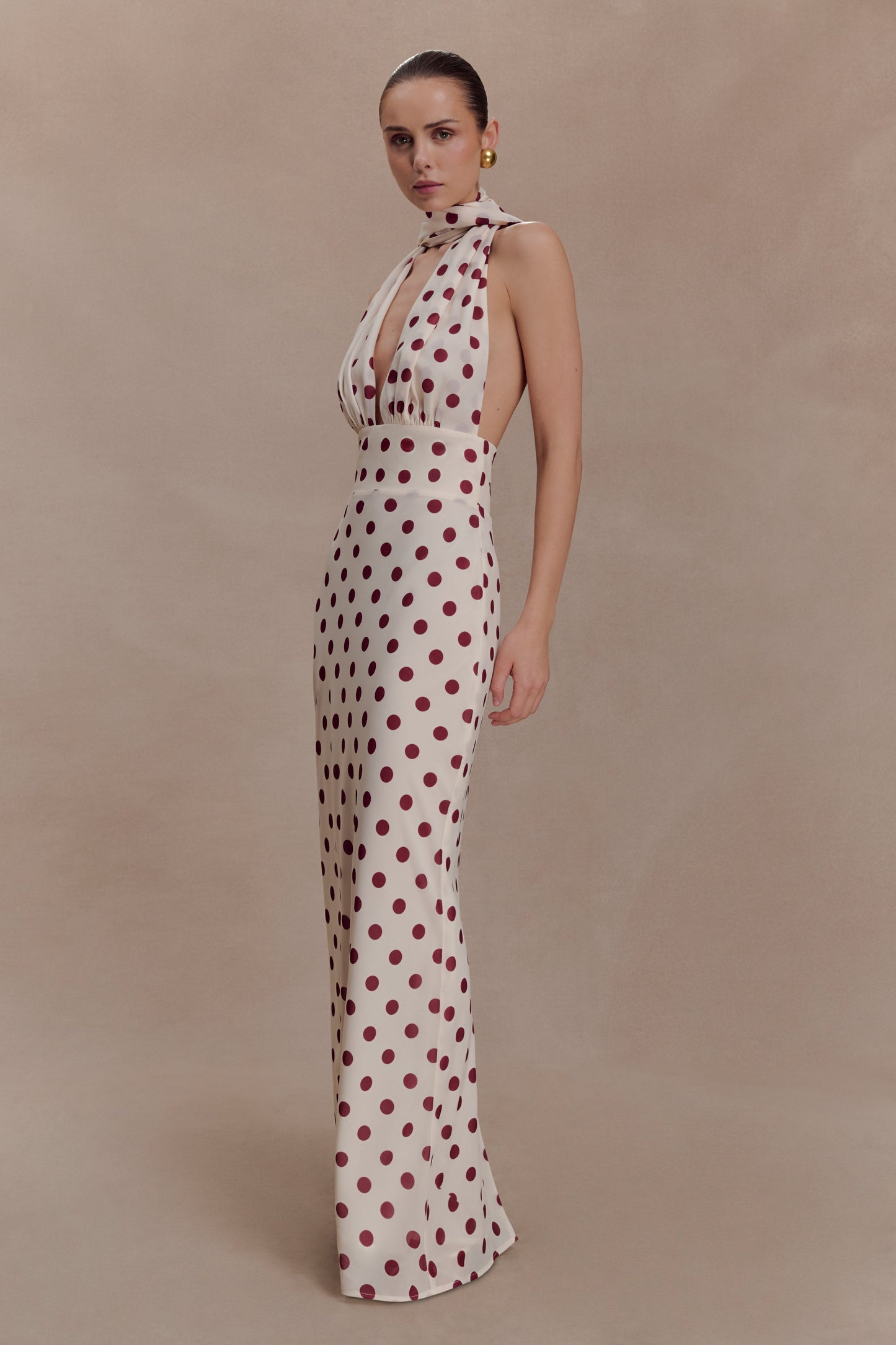 Nadine Halter Chiffon Maxi Dress - Ivory/Merlot Polka Dot