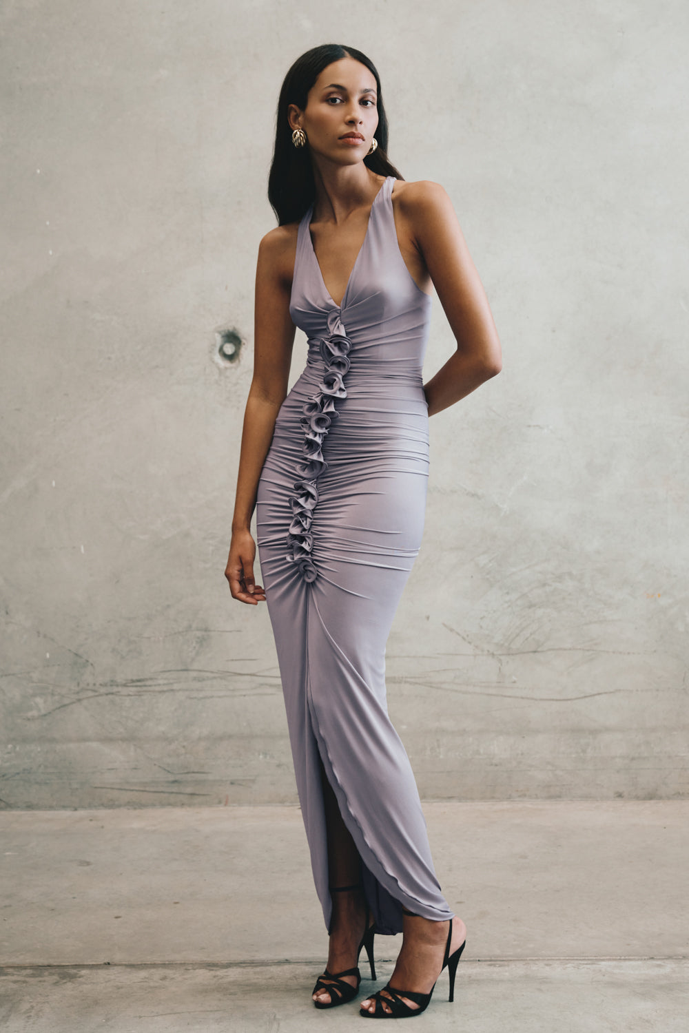 Alessandra Slinky Ruffle Maxi Dress - Grey Alessandra Slinky Ruffle Maxi Dress - Grey