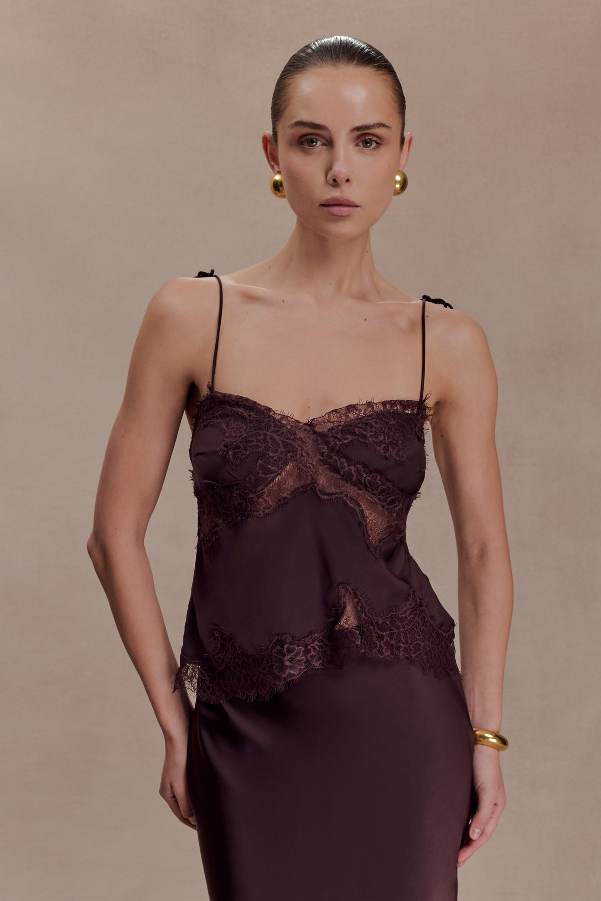 Nina Satin And Lace Camisole - Chocolate
