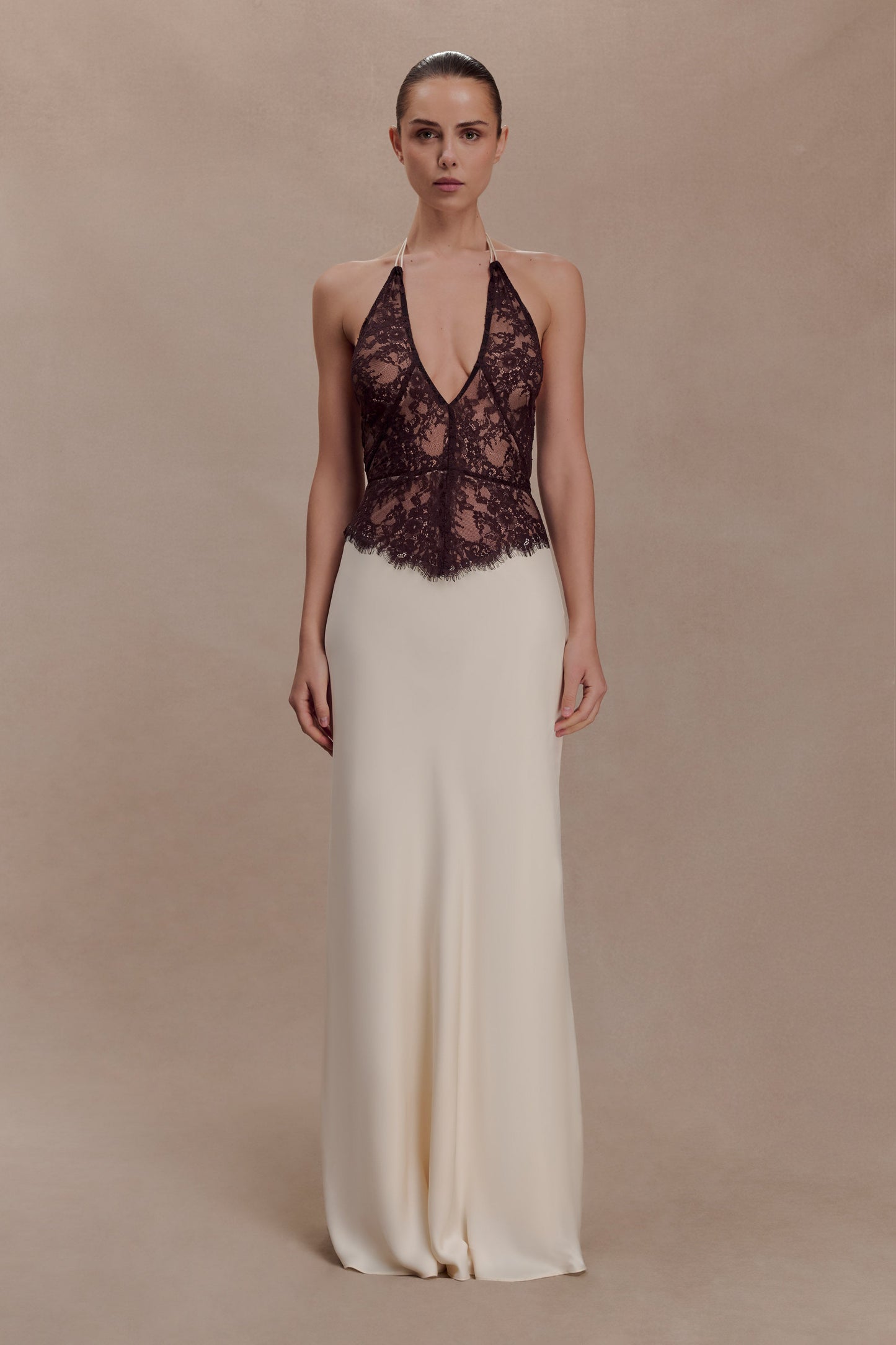 Sascha Lace And Satin Halter Maxi Dress - Ivory/Chocolate
