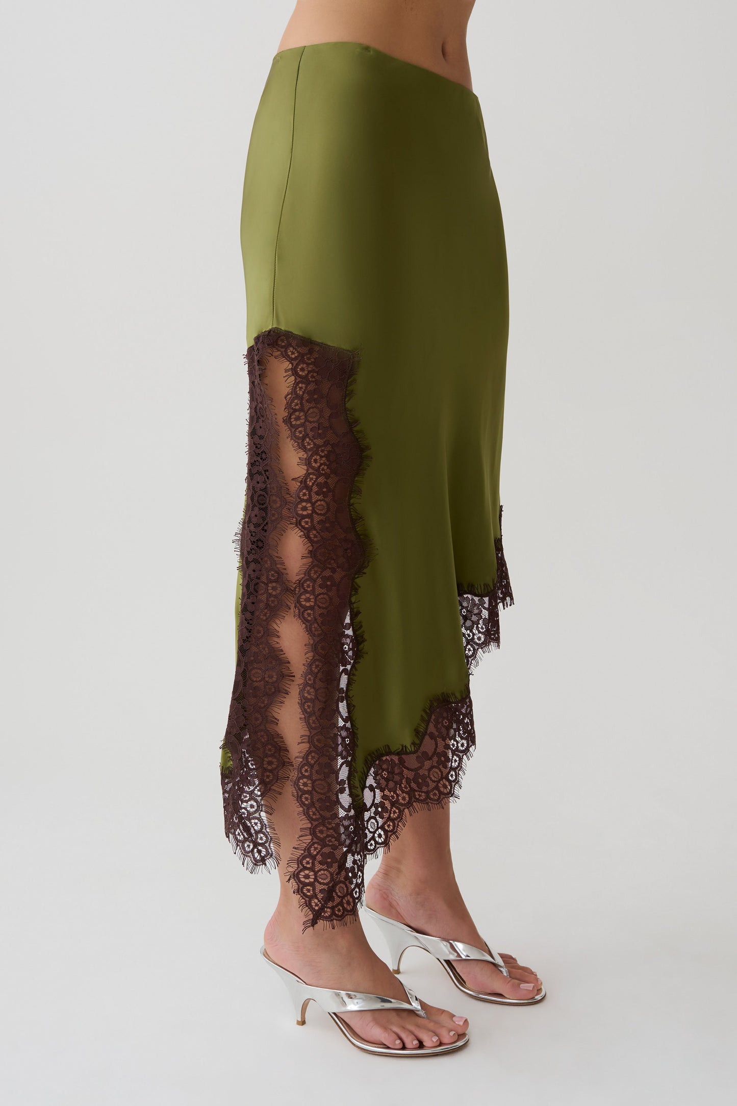 Amber Satin And Lace Midi Skirt - Olive