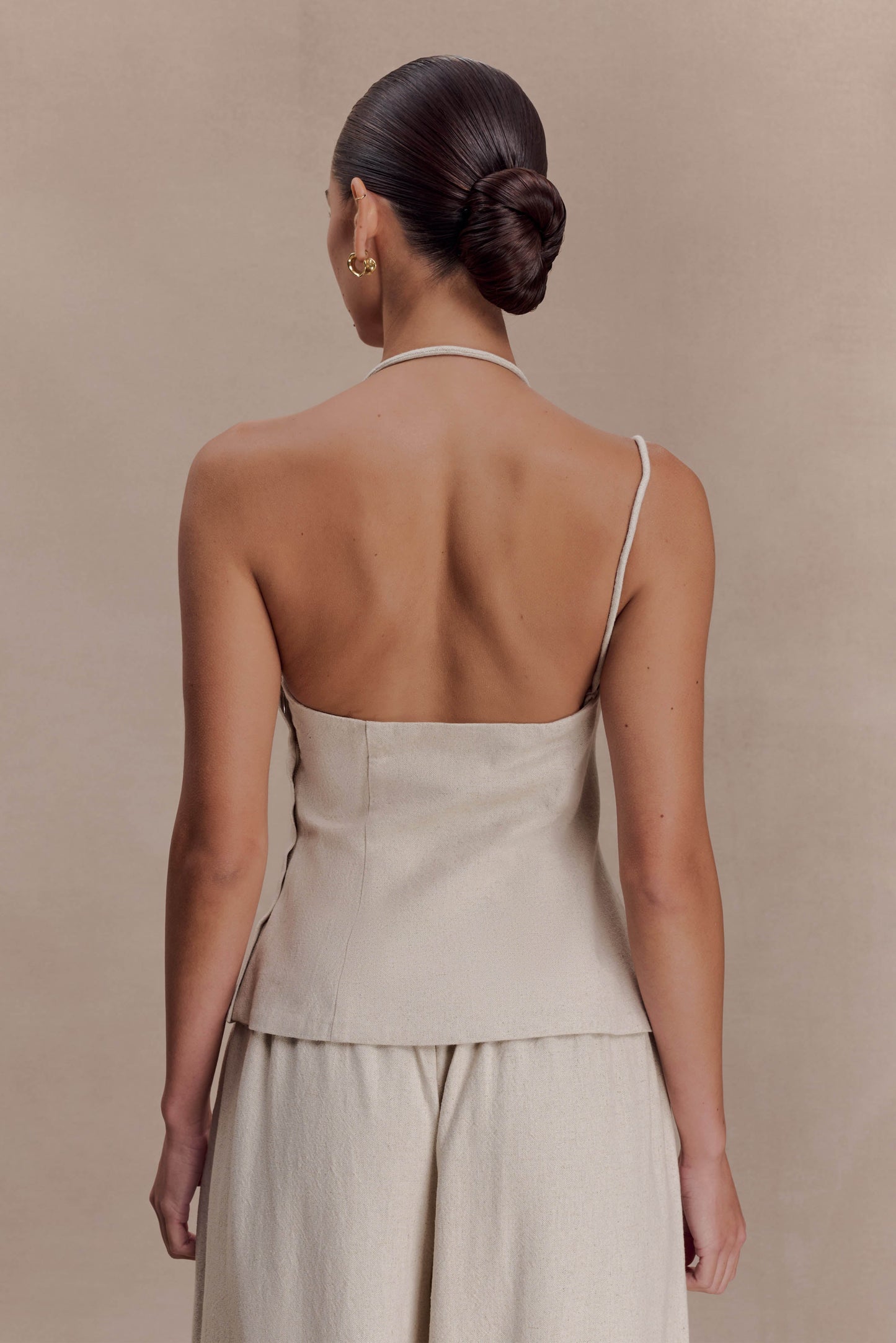 Gabby Asymmetrical Neckline Linen Beaded Top - Natural