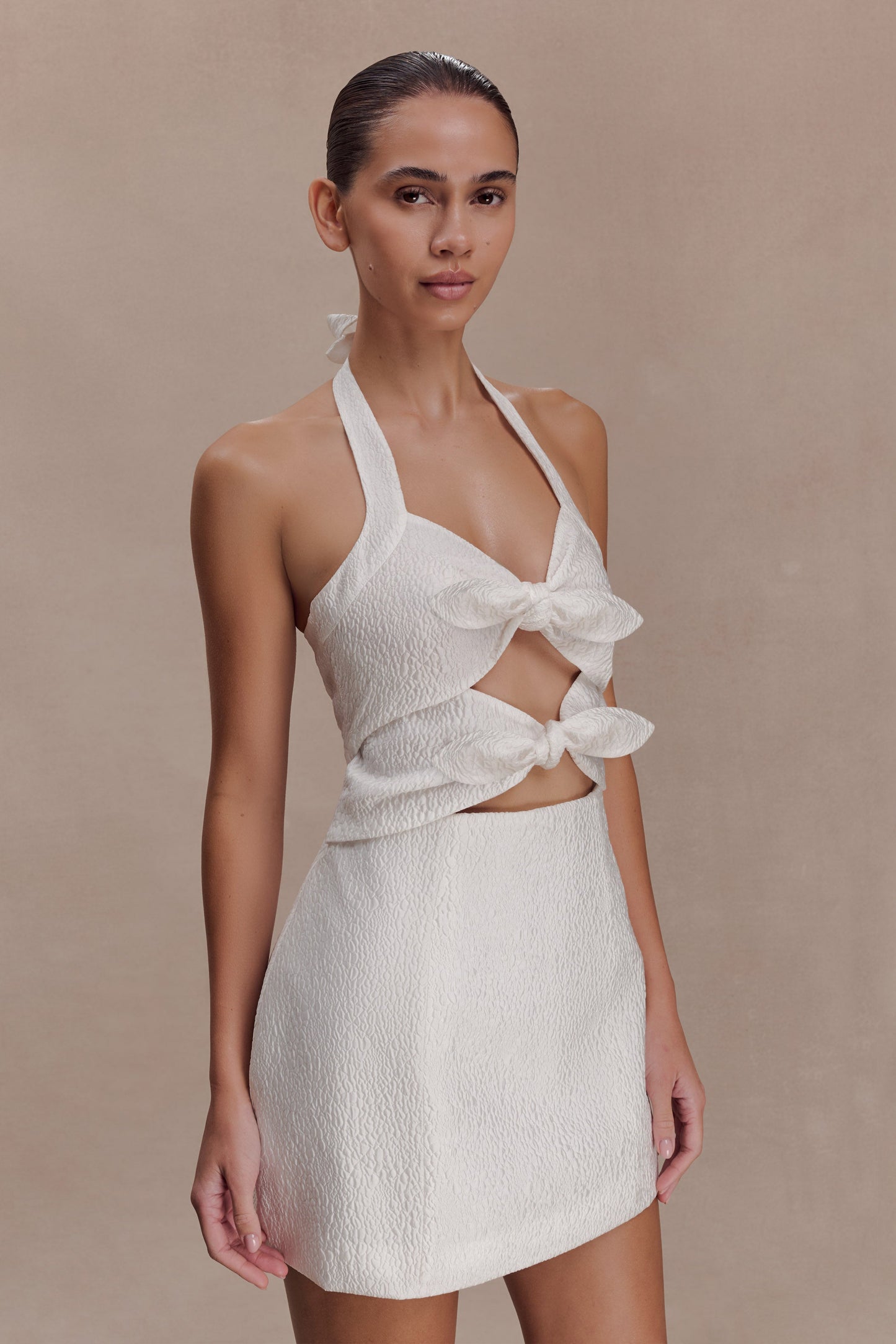 Ella Bow Detail Halter Mini Dress - White
