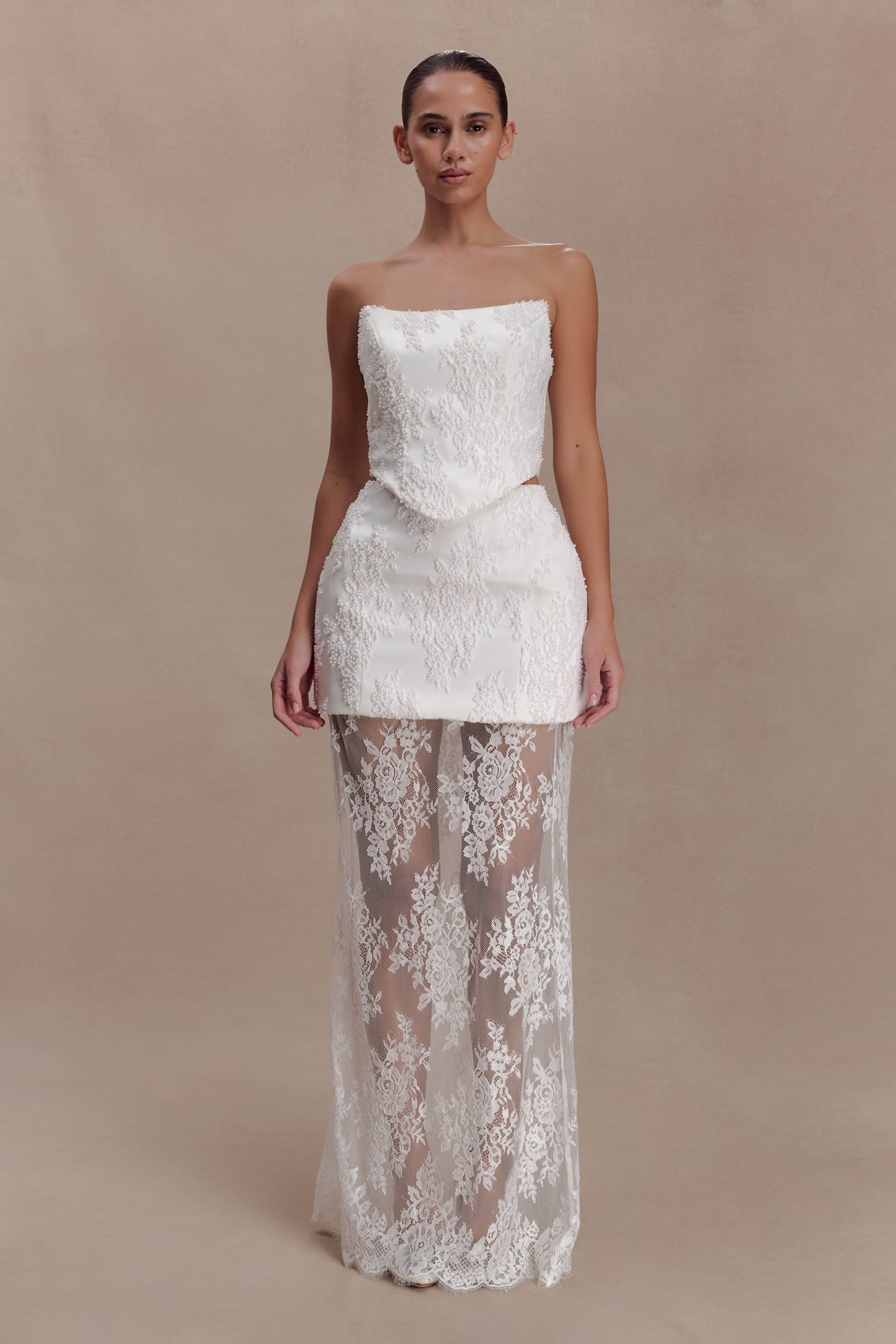 Camille Beaded Satin And Lace Maxi Skirt - Ivory