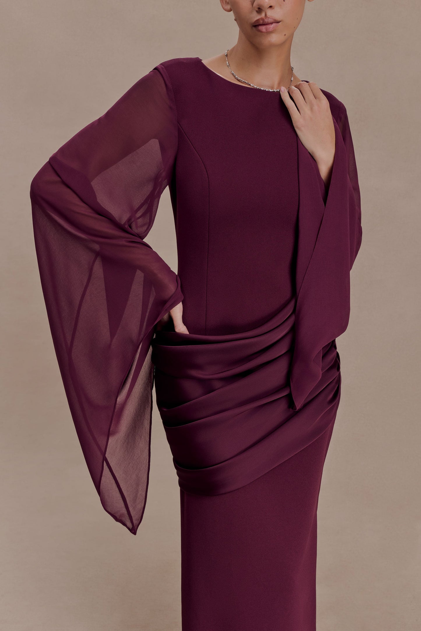 Samantha Waterfall Sleeves Maxi Dress - Wine