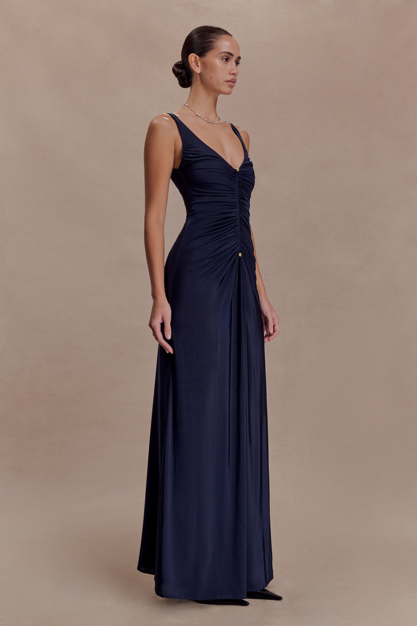 Perrie Slinky Ruched Maxi Dress - Ink Blue
